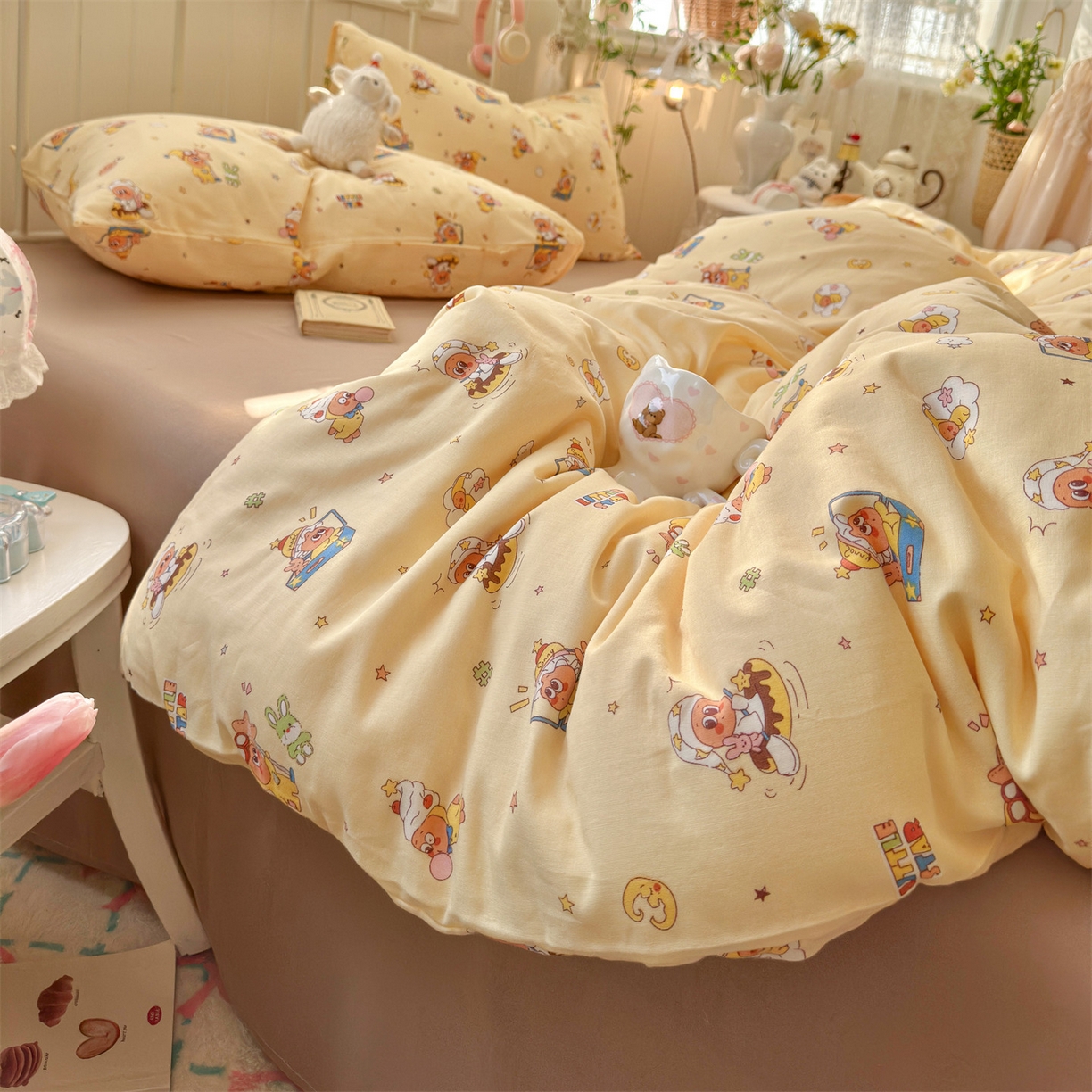 91家纺网 家纺一手货源 找家纺 名兮家居 2026春夏新款全棉纯棉A类双层纱四件套 双层纱-奶黄星仔