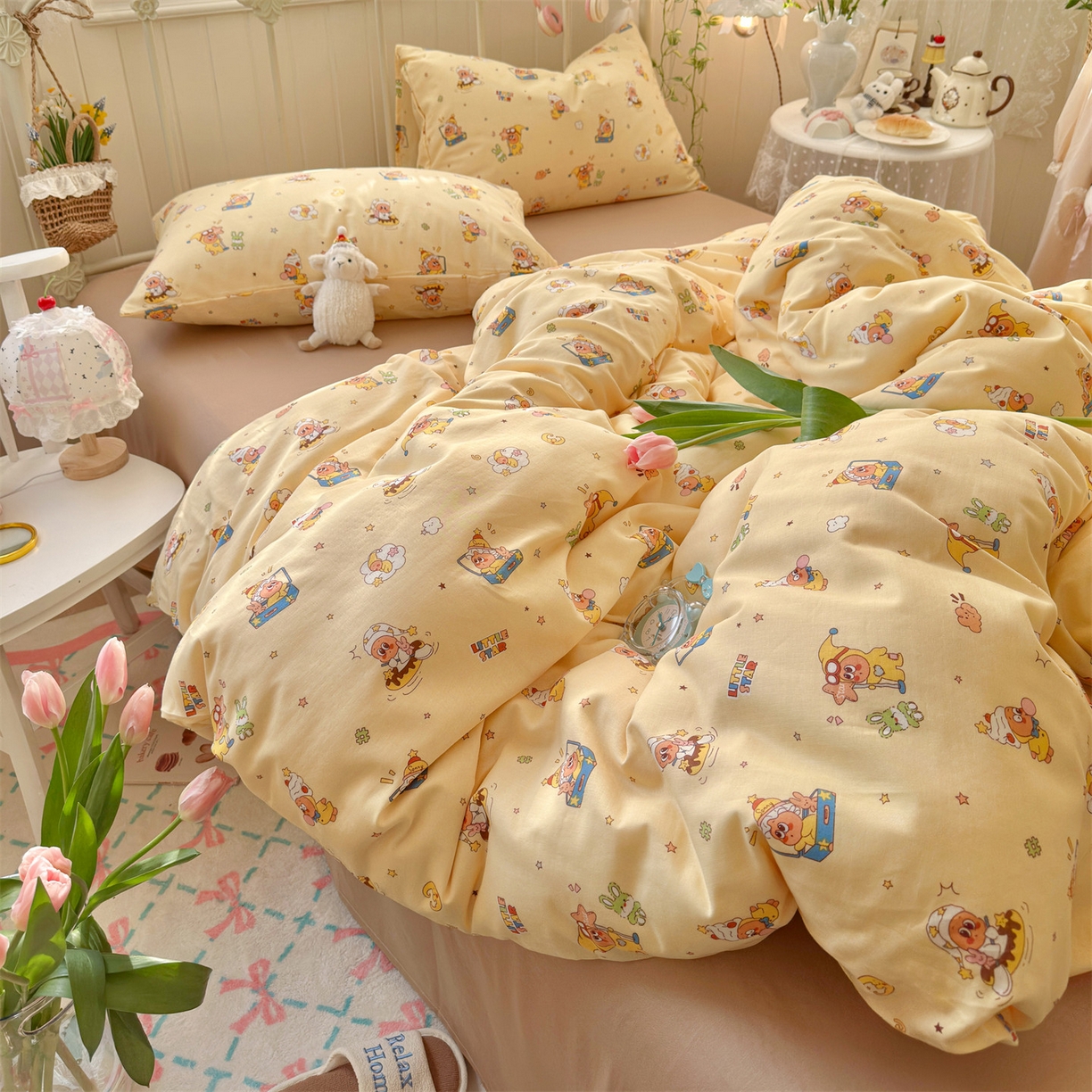 91家纺网 家纺一手货源 找家纺 名兮家居 2026春夏新款全棉纯棉A类双层纱四件套 双层纱-奶黄星仔