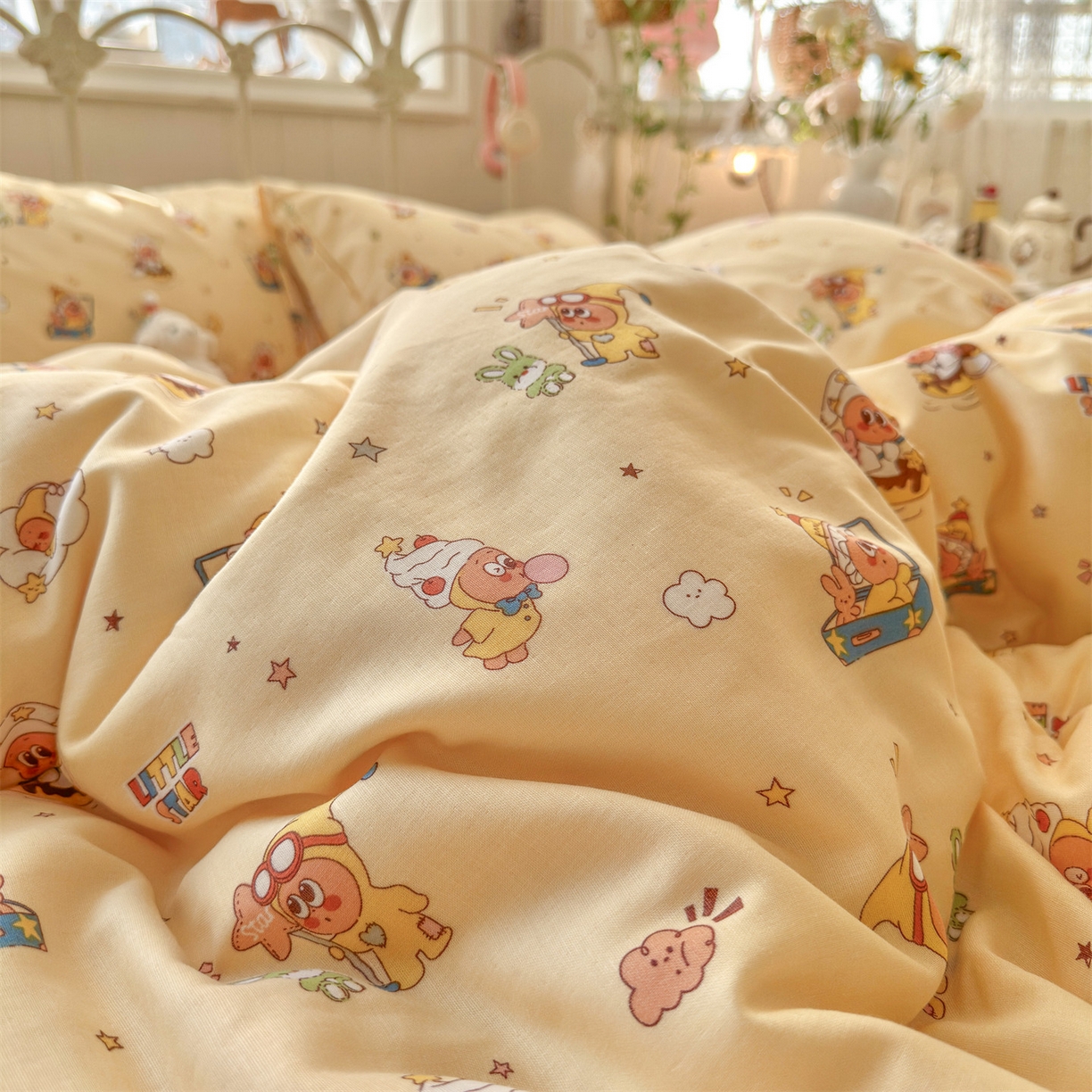 91家纺网 家纺一手货源 找家纺 名兮家居 2026春夏新款全棉纯棉A类双层纱四件套 双层纱-奶黄星仔