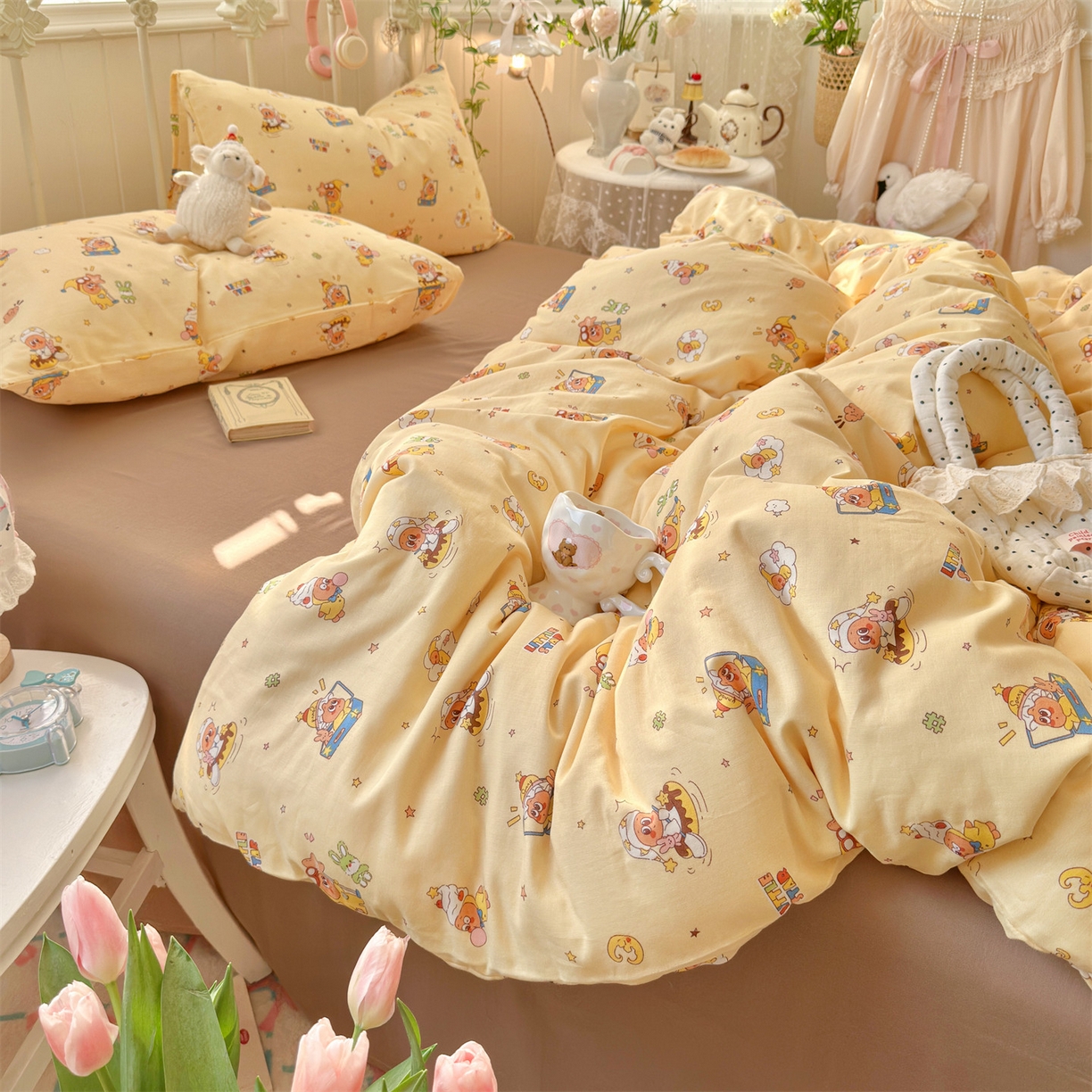 91家纺网 家纺一手货源 找家纺 名兮家居 2026春夏新款全棉纯棉A类双层纱四件套 双层纱-奶黄星仔