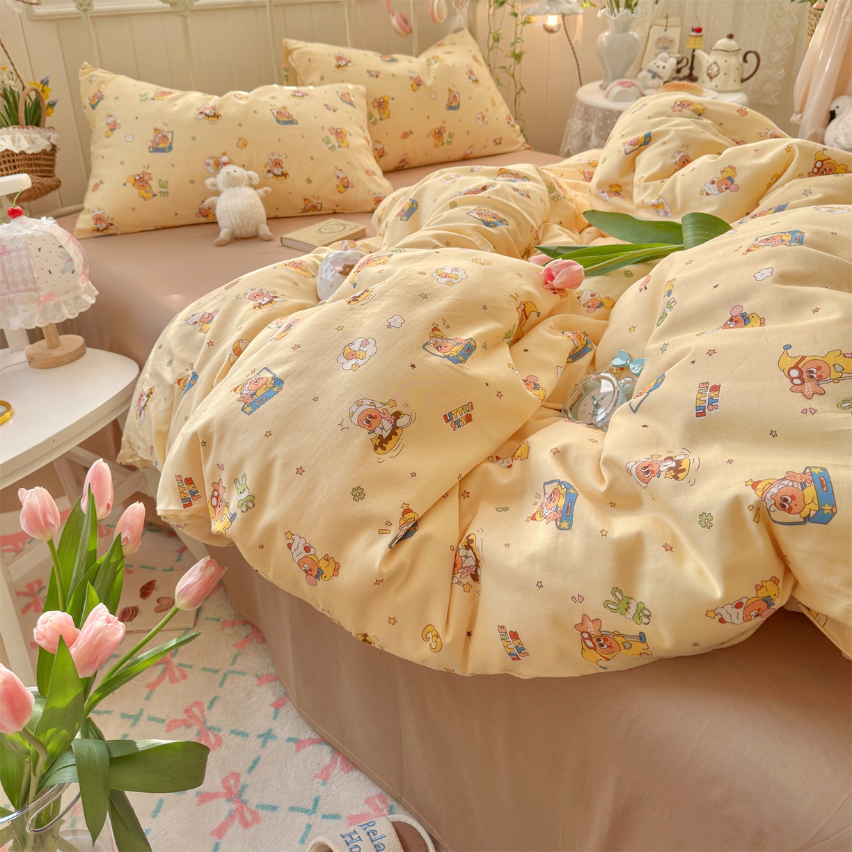 91家纺网 家纺一手货源 找家纺 名兮家居 2026春夏新款全棉纯棉A类双层纱四件套 双层纱-奶黄星仔