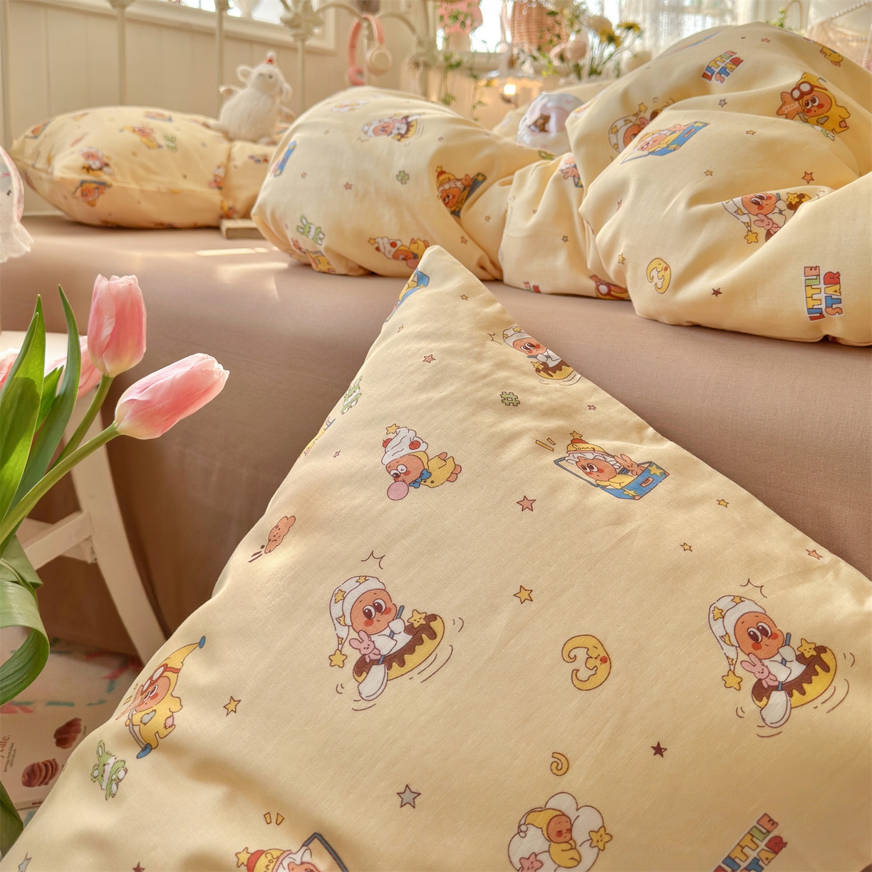 91家纺网 家纺一手货源 找家纺 名兮家居 2026春夏新款全棉纯棉A类双层纱四件套 双层纱-奶黄星仔