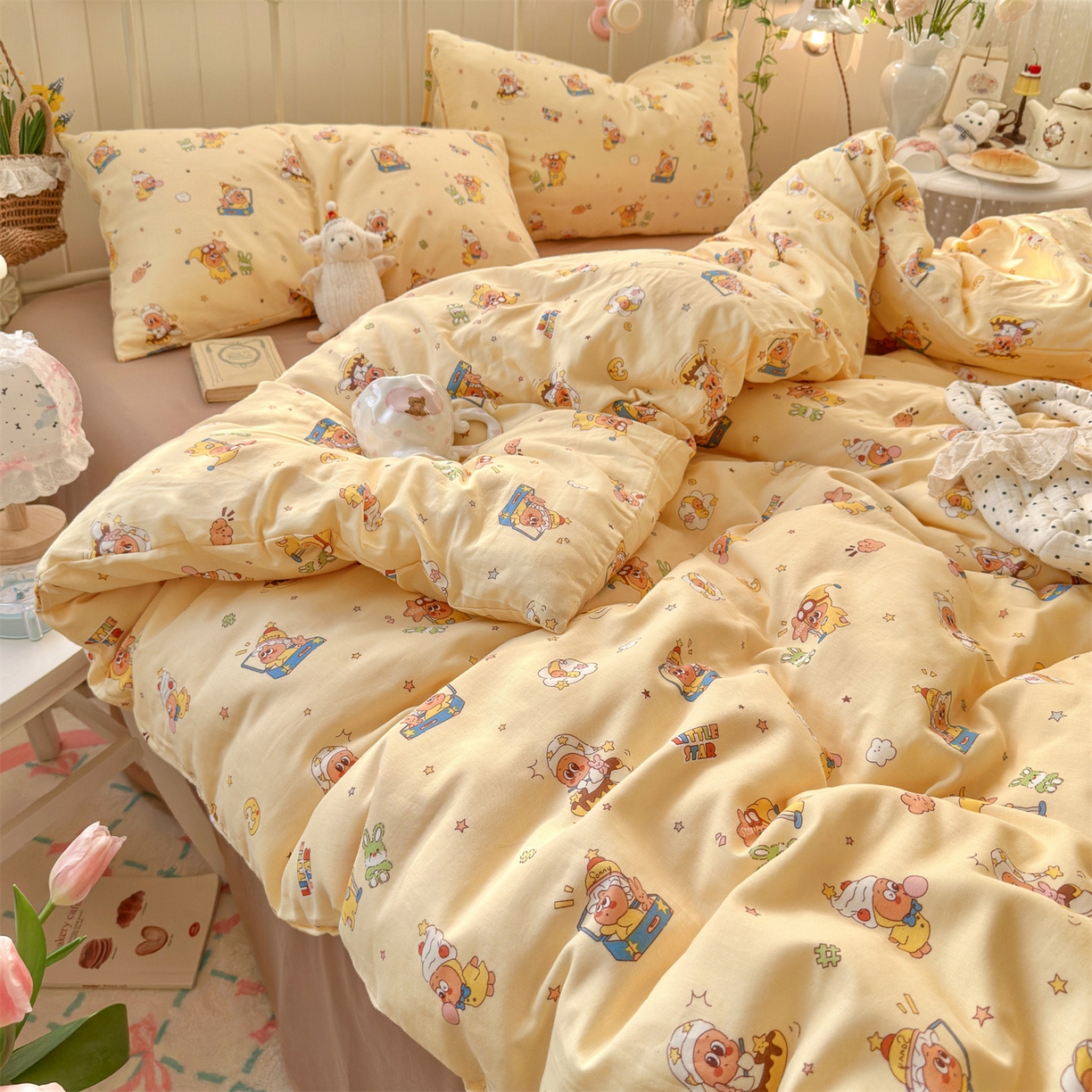 91家纺网 家纺一手货源 找家纺 名兮家居 2026春夏新款全棉纯棉A类双层纱四件套 双层纱-奶黄星仔