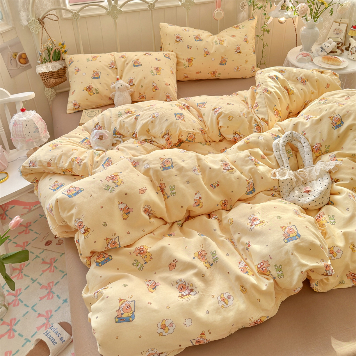 91家纺网 家纺一手货源 找家纺 名兮家居 2026春夏新款全棉纯棉A类双层纱四件套 双层纱-奶黄星仔