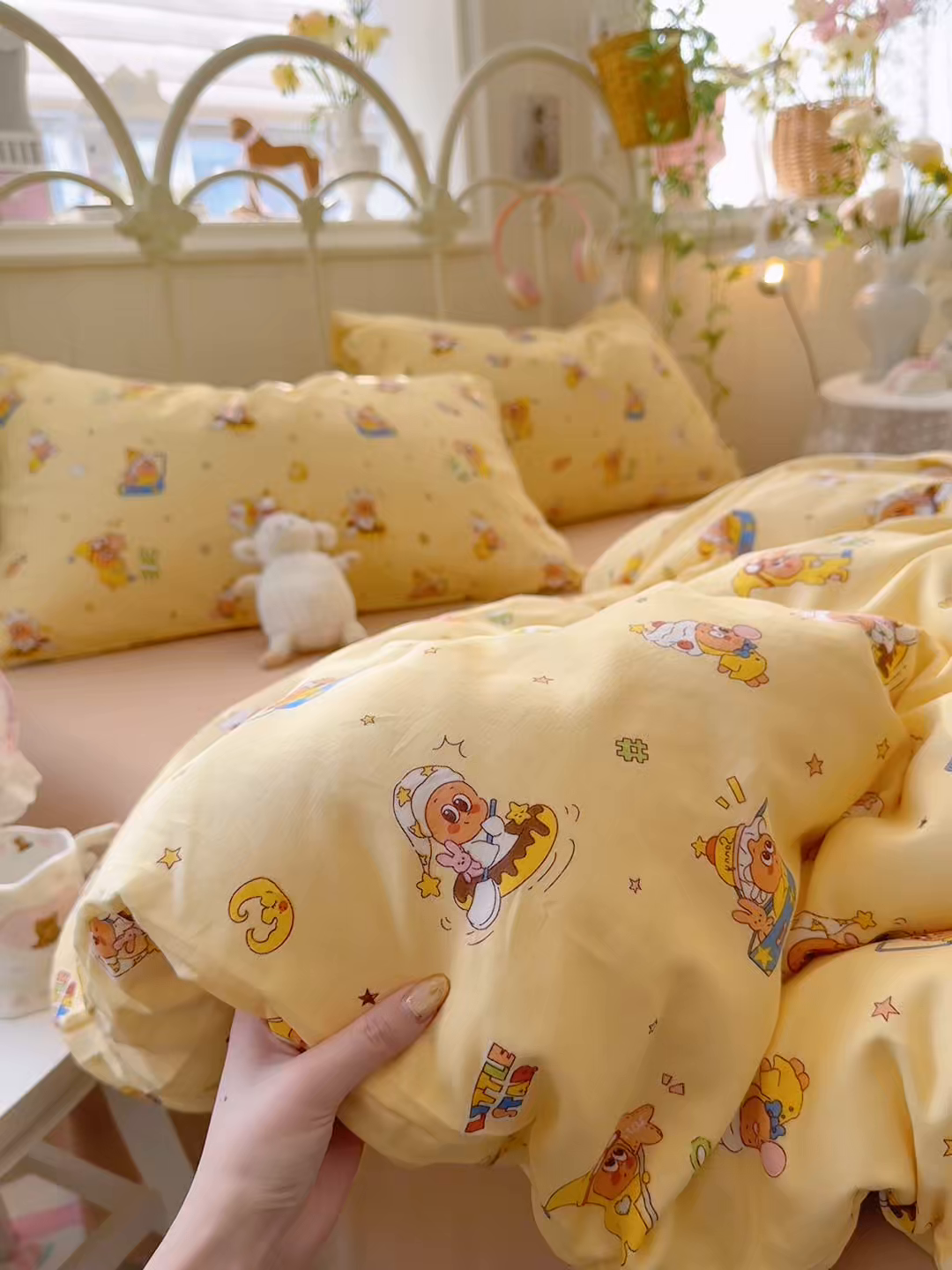 91家纺网 家纺一手货源 找家纺 名兮家居 2026春夏新款全棉纯棉A类双层纱四件套 双层纱-奶黄星仔