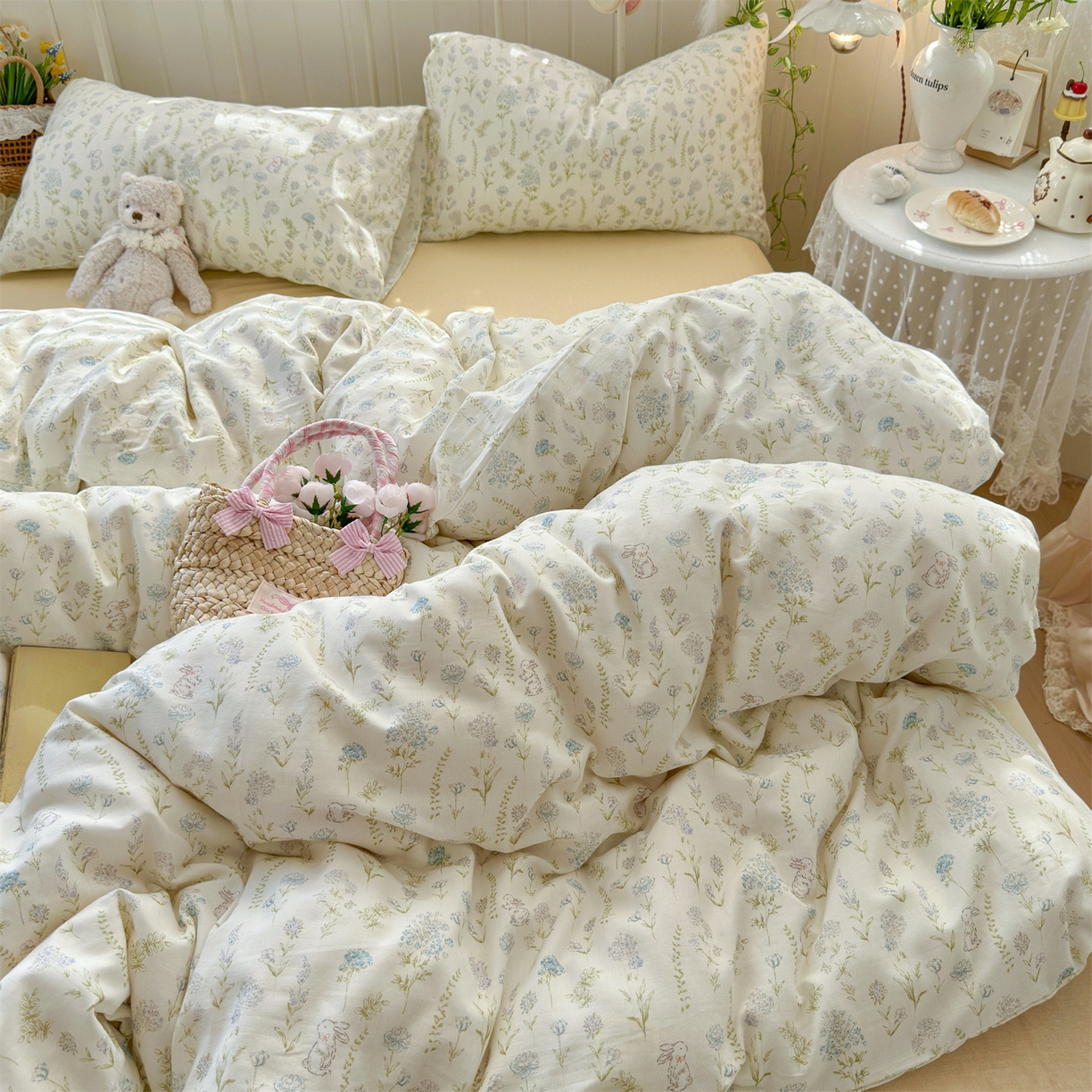 名兮家居 2026春夏新款全棉纯棉A类双层纱四件套 双层纱-晴天兔