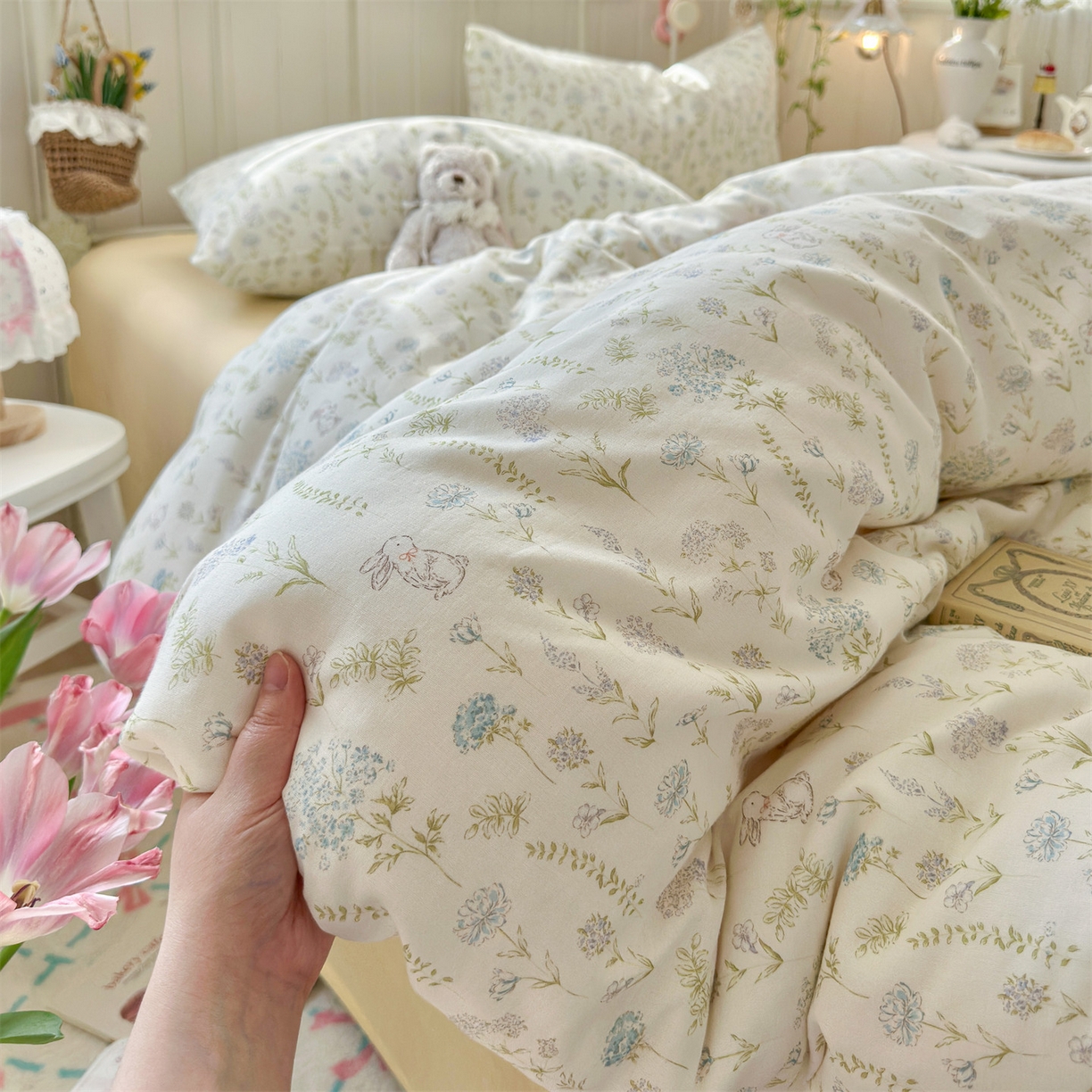 91家纺网 家纺一手货源 找家纺 名兮家居 2026春夏新款全棉纯棉A类双层纱四件套 双层纱-晴天兔