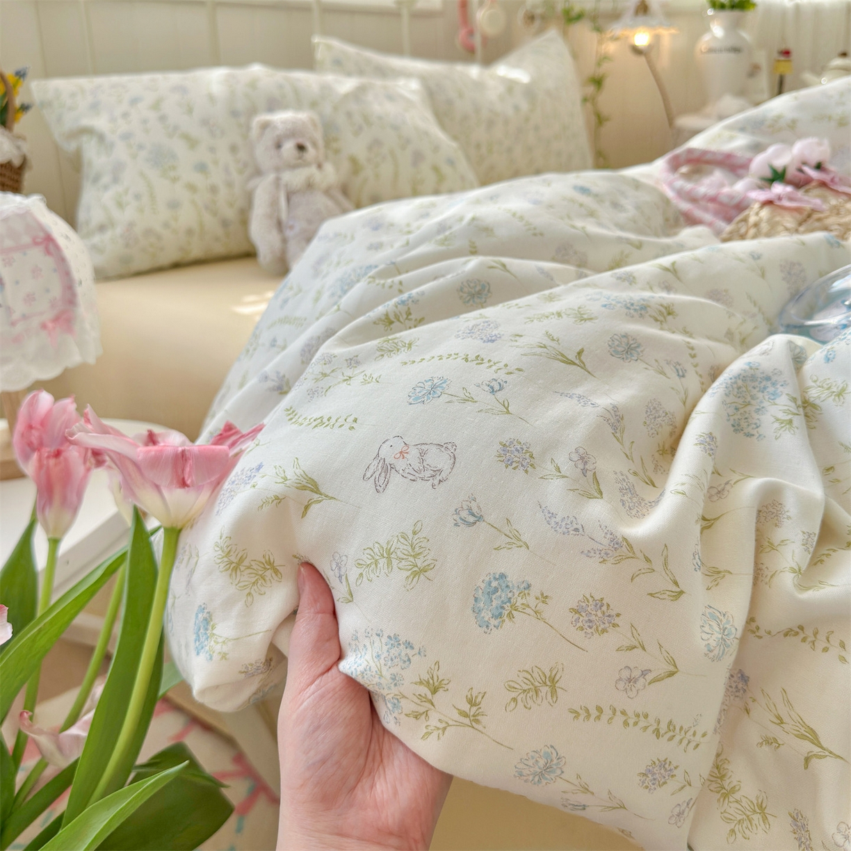 91家纺网 家纺一手货源 找家纺 名兮家居 2026春夏新款全棉纯棉A类双层纱四件套 双层纱-晴天兔