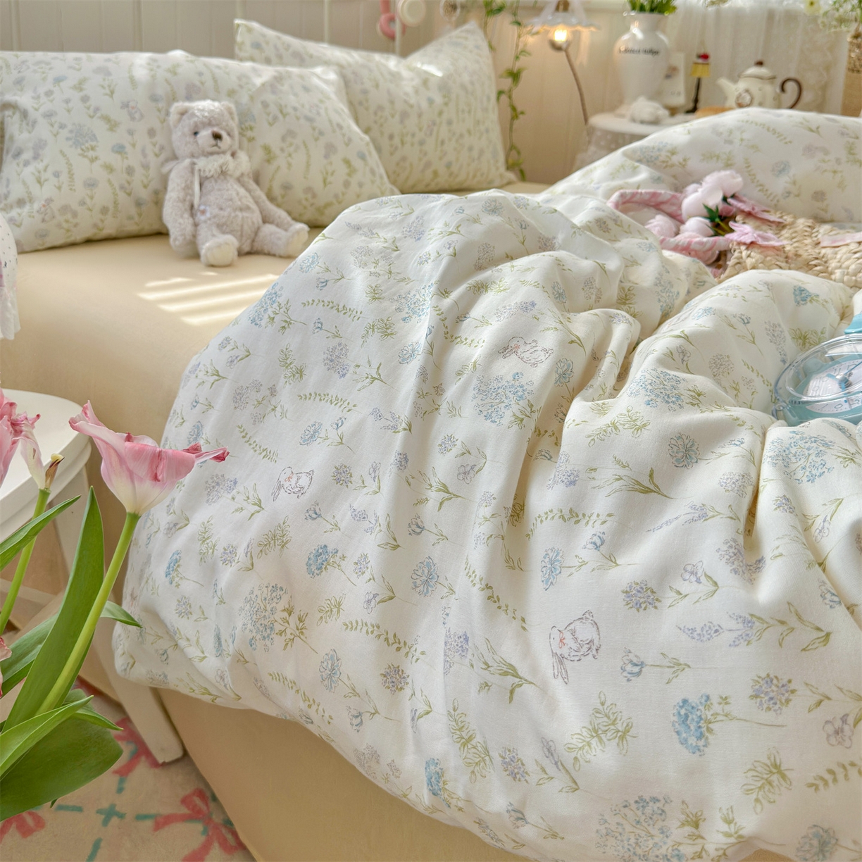 91家纺网 家纺一手货源 找家纺 名兮家居 2026春夏新款全棉纯棉A类双层纱四件套 双层纱-晴天兔