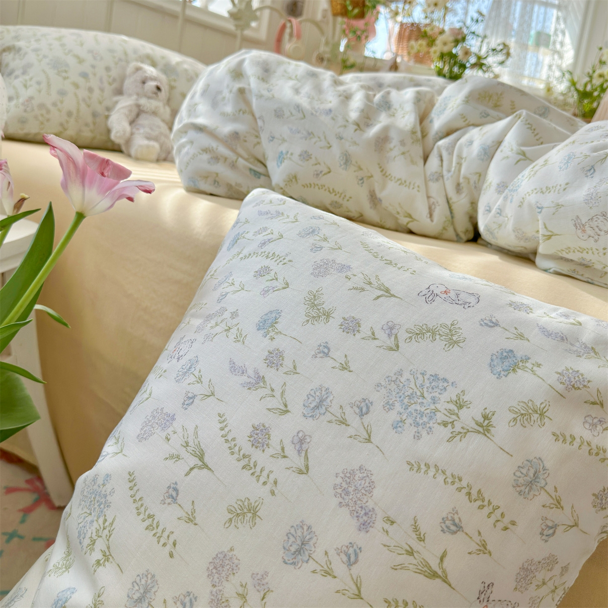 91家纺网 家纺一手货源 找家纺 名兮家居 2026春夏新款全棉纯棉A类双层纱四件套 双层纱-晴天兔