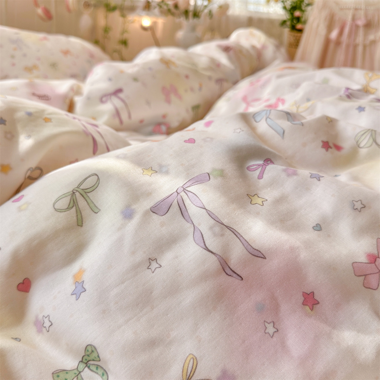 91家纺网 家纺一手货源 找家纺 名兮家居 2026春夏新款全棉纯棉A类双层纱四件套 双层纱-碎星蝶舞