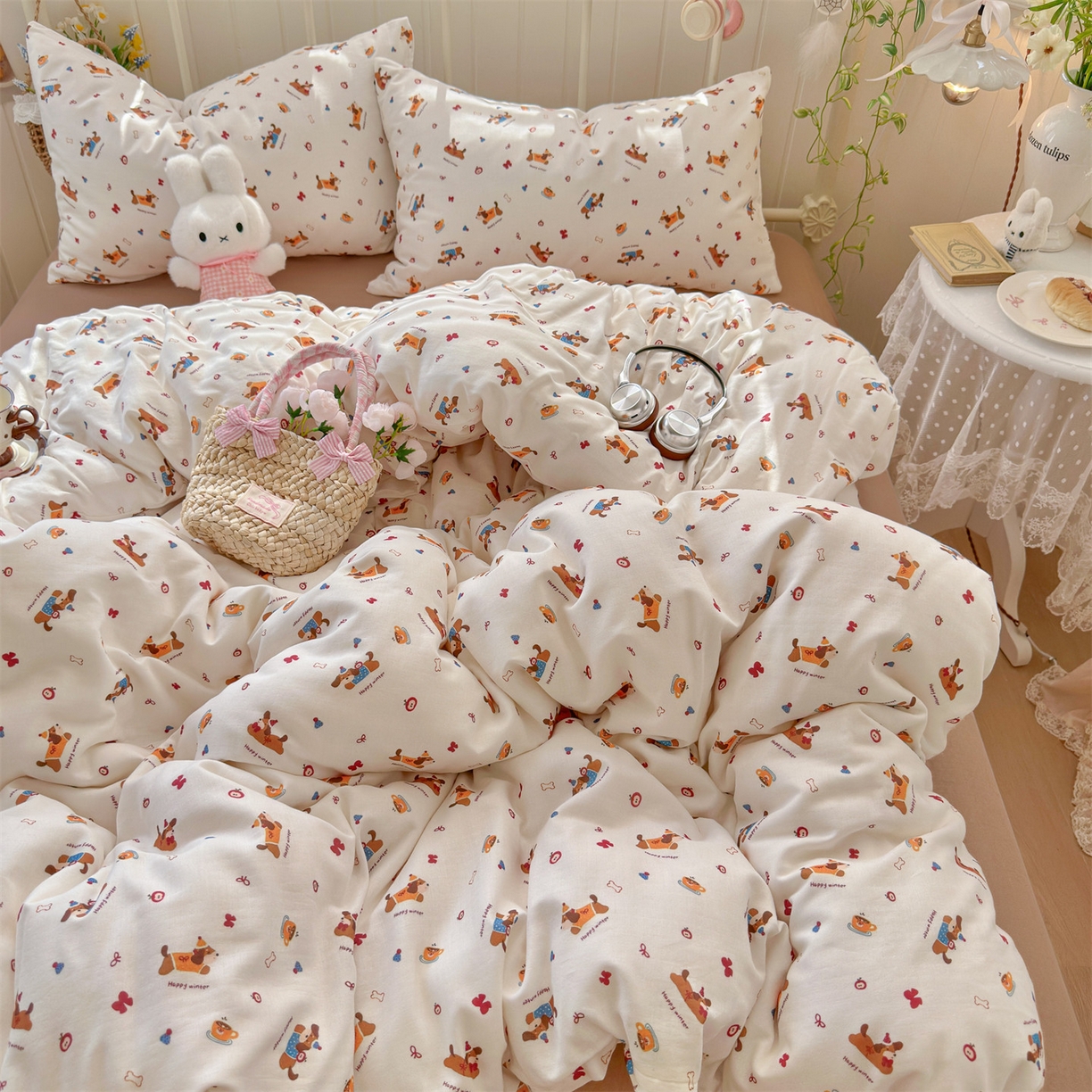 名兮家居 2026春夏新款全棉纯棉A类双层纱四件套 双层纱-小狗日记