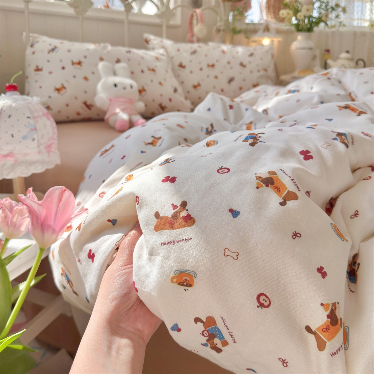 91家纺网 家纺一手货源 找家纺 名兮家居 2026春夏新款全棉纯棉A类双层纱四件套 双层纱-小狗日记