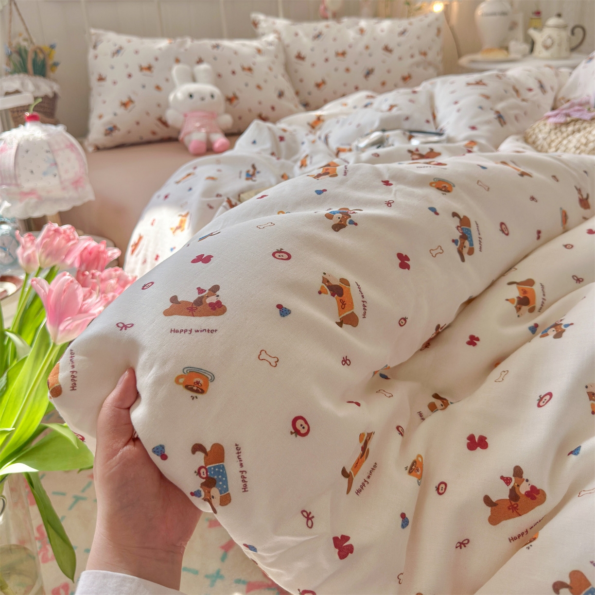 91家纺网 家纺一手货源 找家纺 名兮家居 2026春夏新款全棉纯棉A类双层纱四件套 双层纱-小狗日记