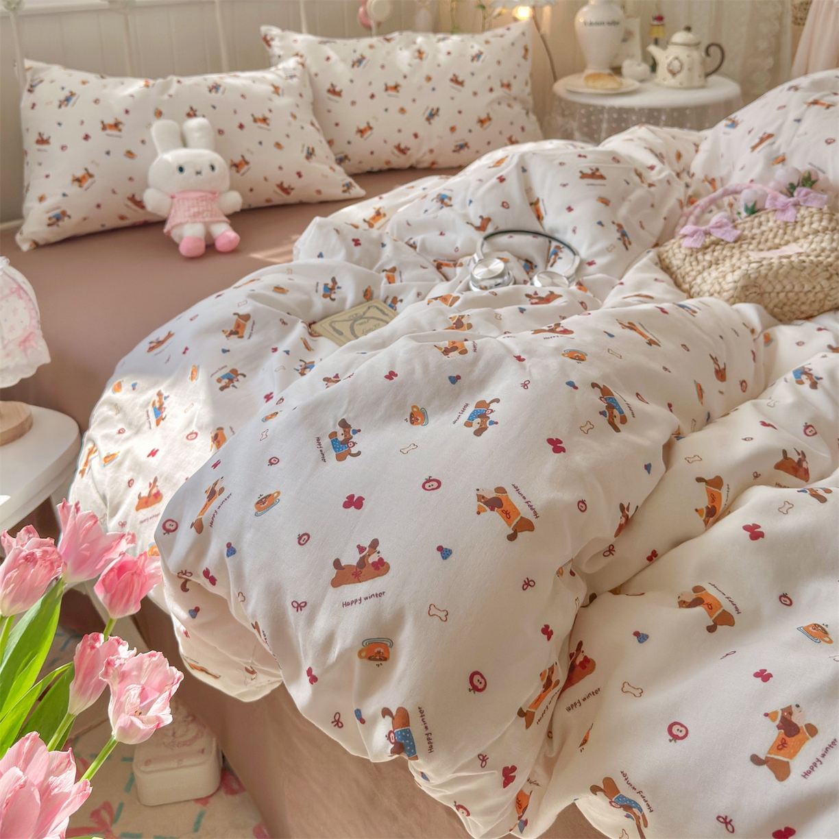 91家纺网 家纺一手货源 找家纺 名兮家居 2026春夏新款全棉纯棉A类双层纱四件套 双层纱-小狗日记