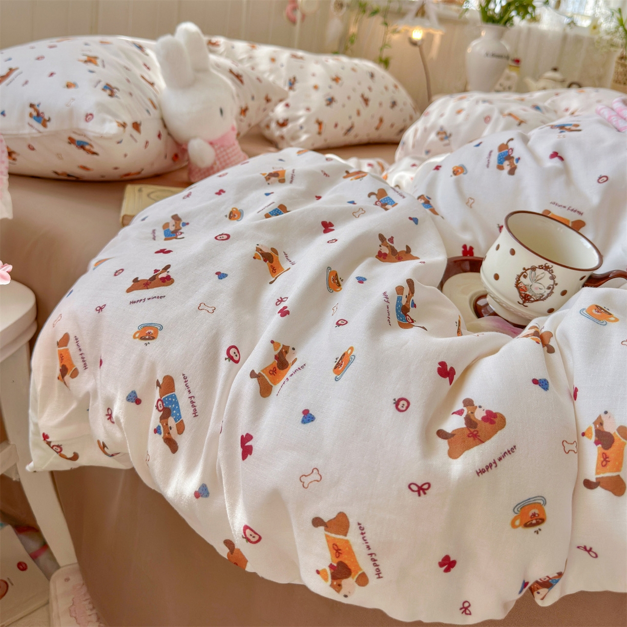 91家纺网 家纺一手货源 找家纺 名兮家居 2026春夏新款全棉纯棉A类双层纱四件套 双层纱-小狗日记