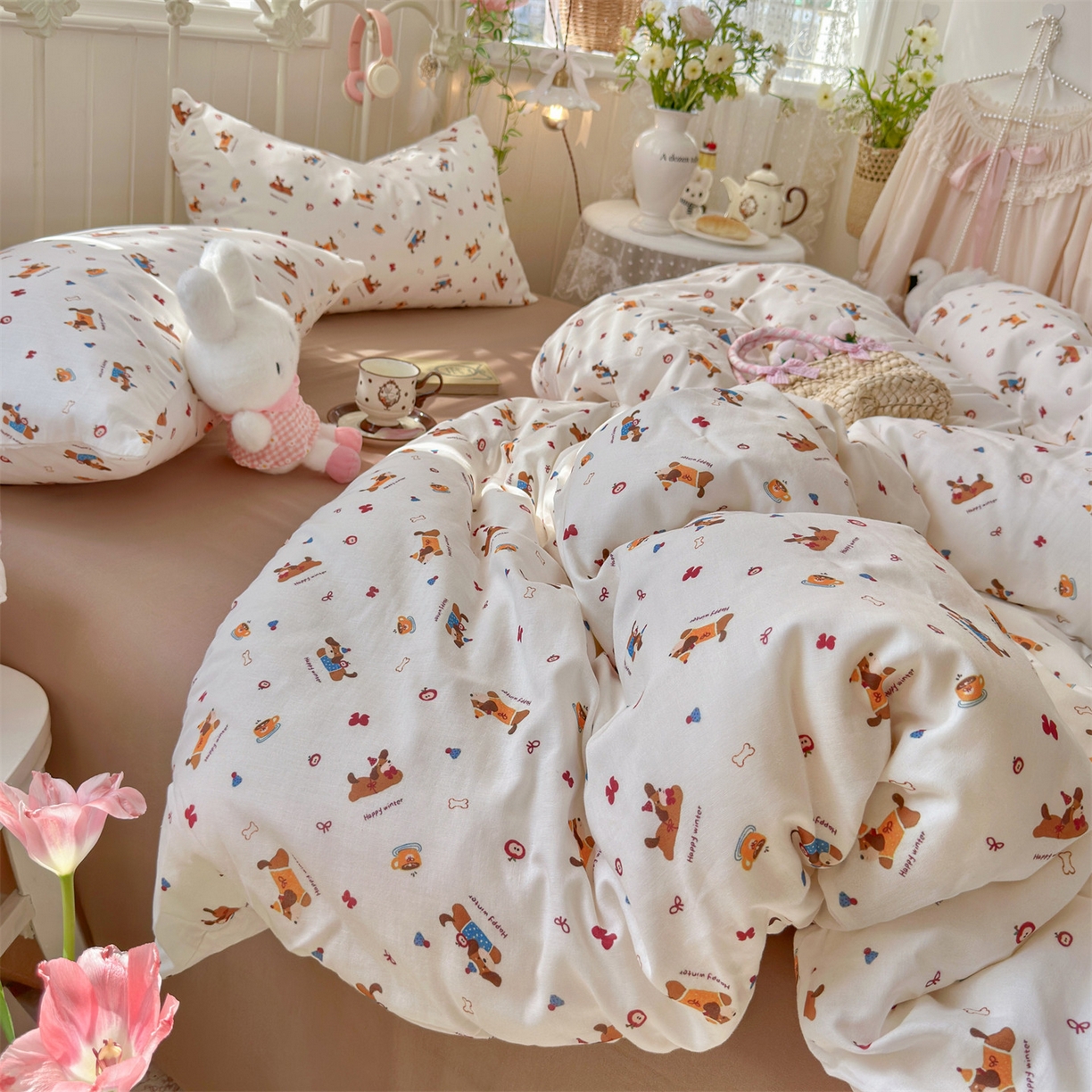 91家纺网 家纺一手货源 找家纺 名兮家居 2026春夏新款全棉纯棉A类双层纱四件套 双层纱-小狗日记