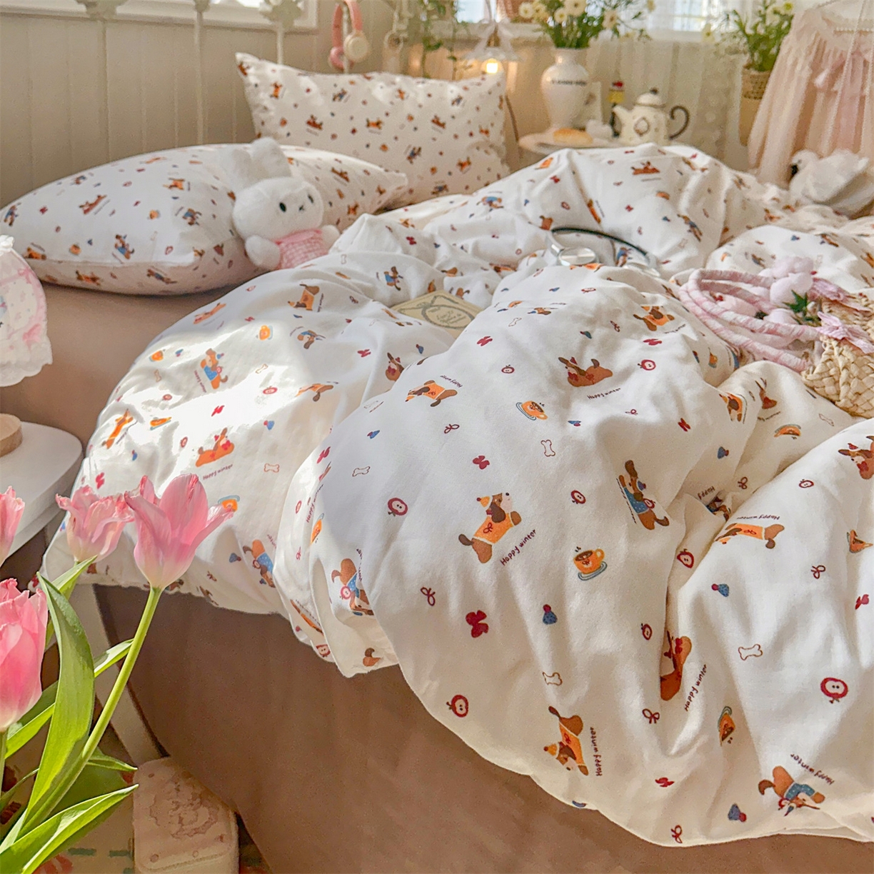 91家纺网 家纺一手货源 找家纺 名兮家居 2026春夏新款全棉纯棉A类双层纱四件套 双层纱-小狗日记