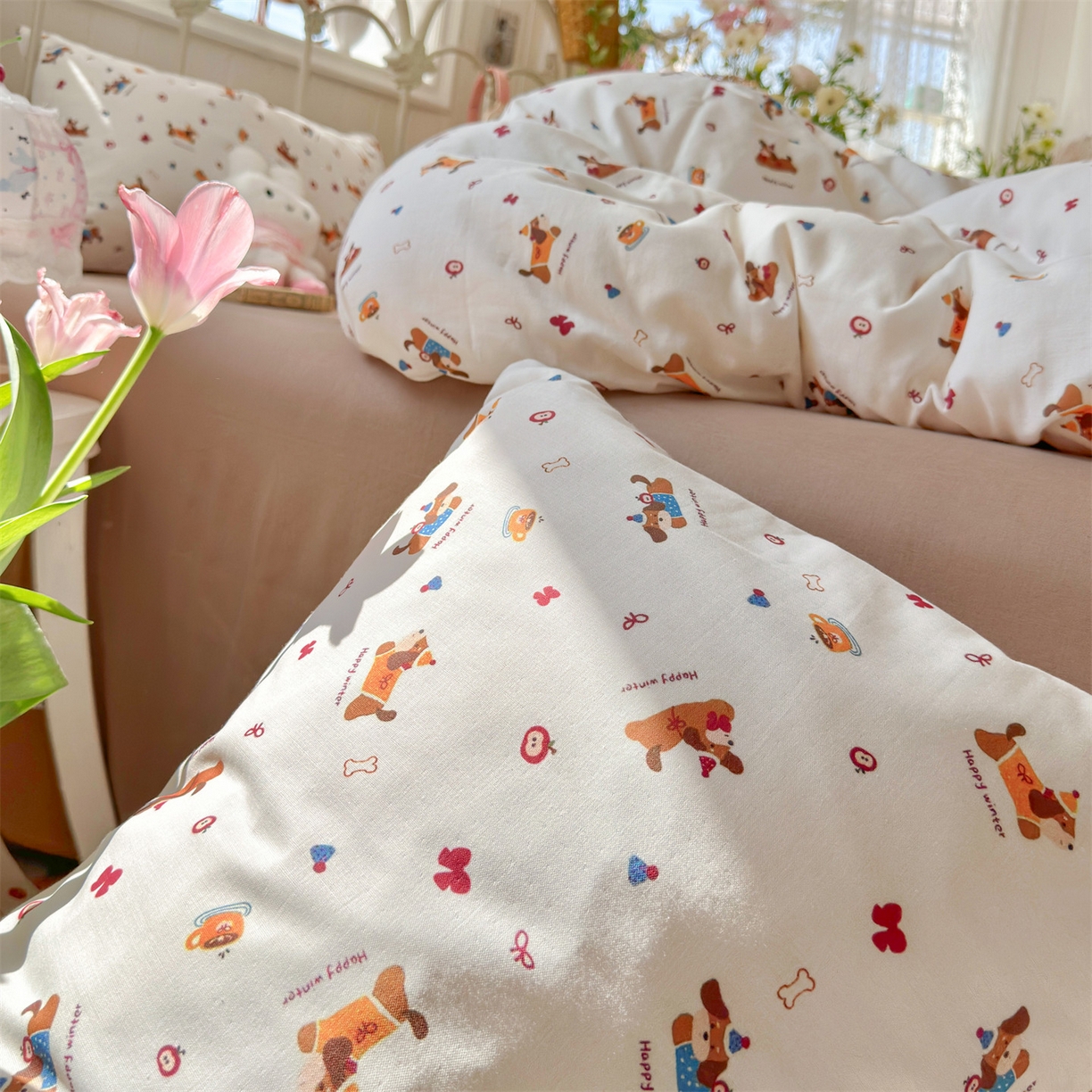 91家纺网 家纺一手货源 找家纺 名兮家居 2026春夏新款全棉纯棉A类双层纱四件套 双层纱-小狗日记