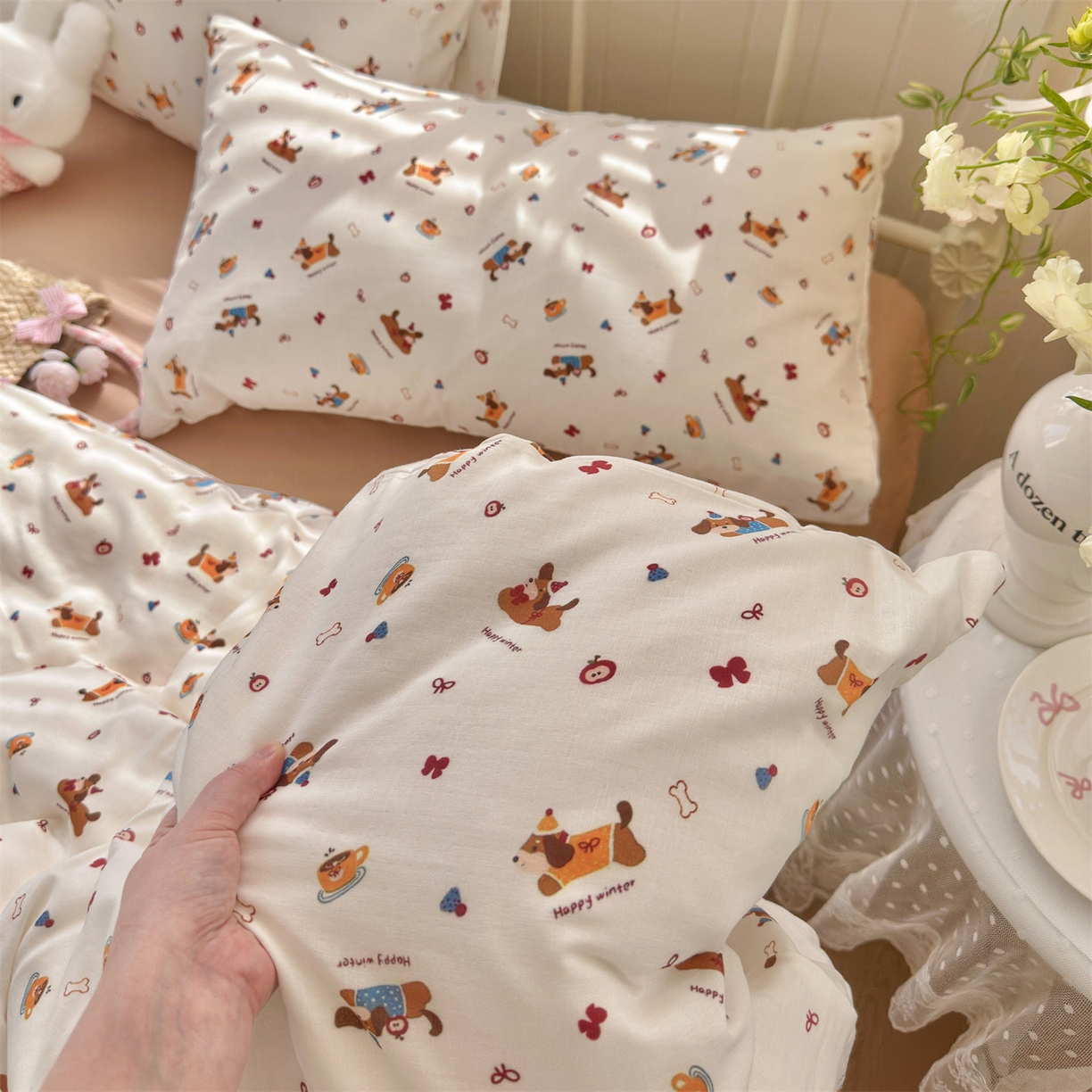 91家纺网 家纺一手货源 找家纺 名兮家居 2026春夏新款全棉纯棉A类双层纱四件套 双层纱-小狗日记