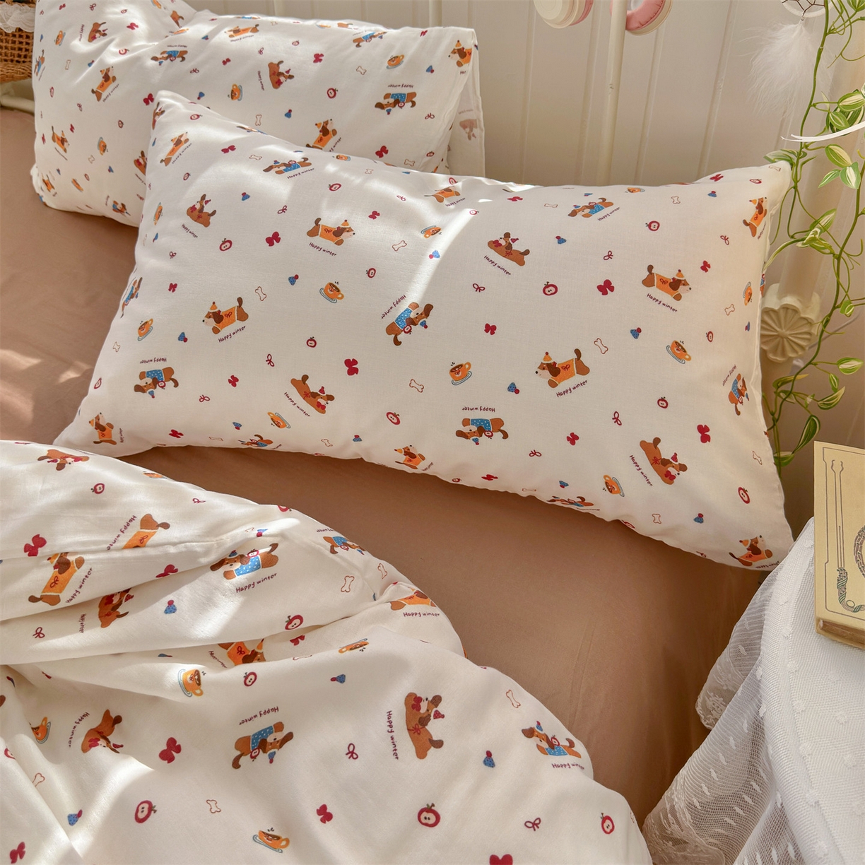 91家纺网 家纺一手货源 找家纺 名兮家居 2026春夏新款全棉纯棉A类双层纱四件套 双层纱-小狗日记