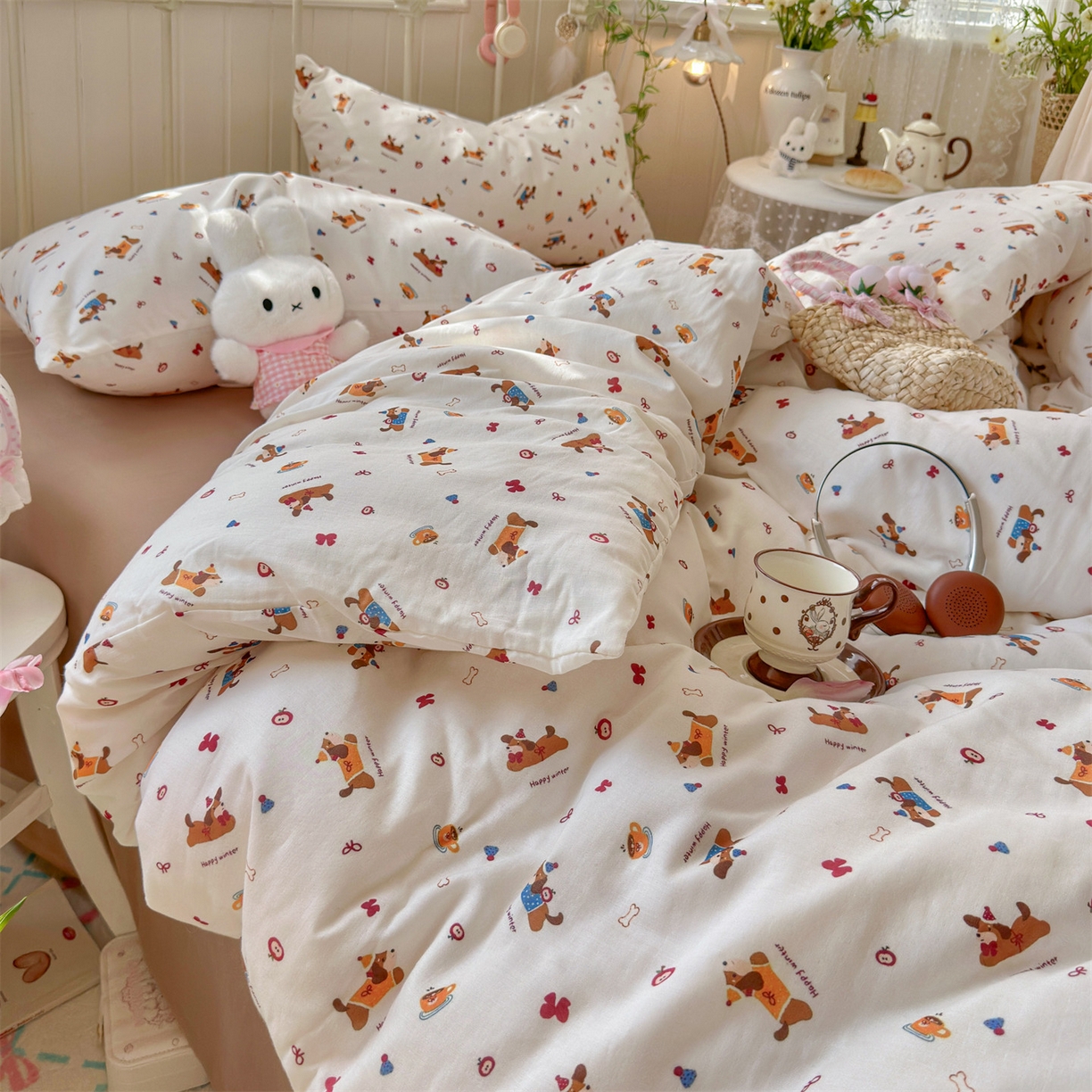 91家纺网 家纺一手货源 找家纺 名兮家居 2026春夏新款全棉纯棉A类双层纱四件套 双层纱-小狗日记