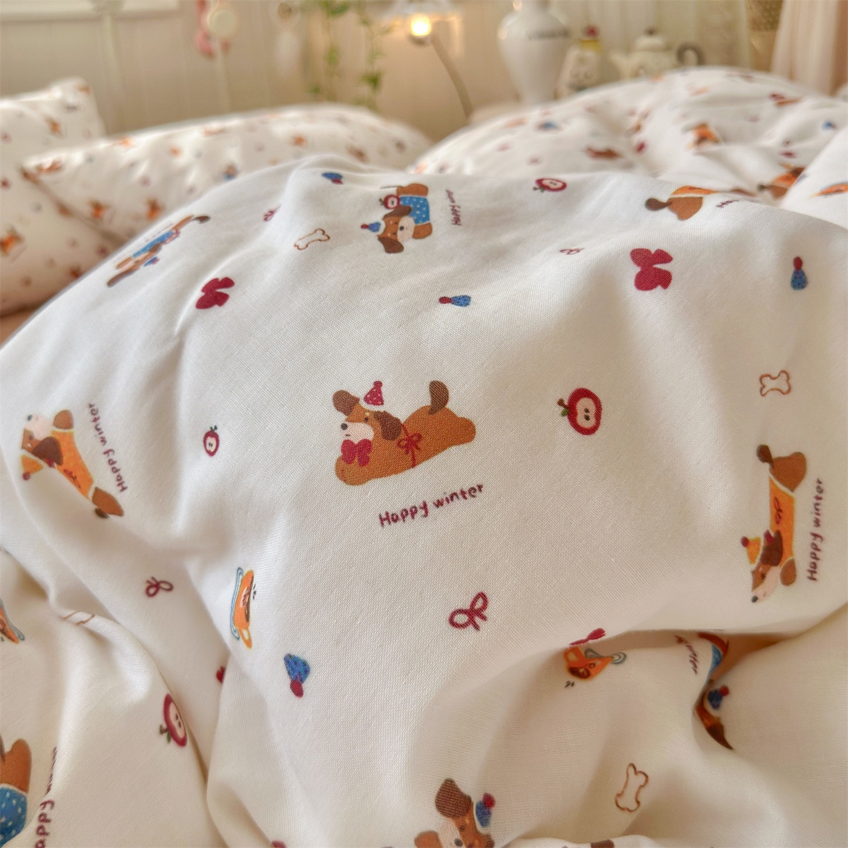 91家纺网 家纺一手货源 找家纺 名兮家居 2026春夏新款全棉纯棉A类双层纱四件套 双层纱-小狗日记