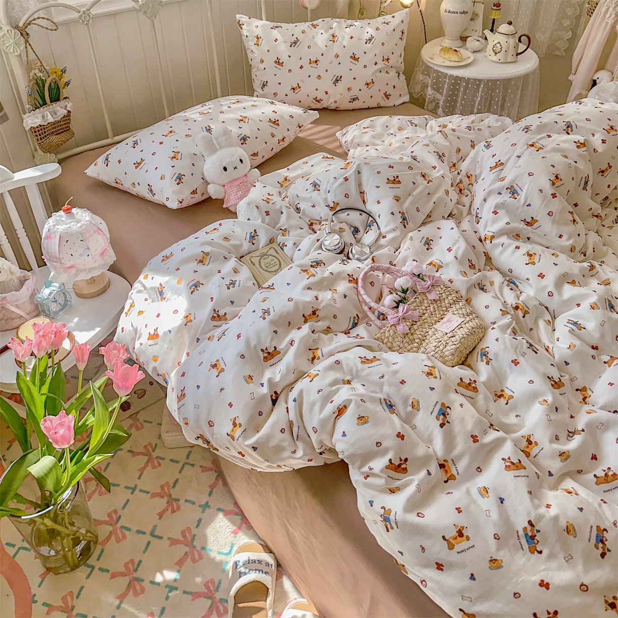 91家纺网 家纺一手货源 找家纺 名兮家居 2026春夏新款全棉纯棉A类双层纱四件套 双层纱-小狗日记