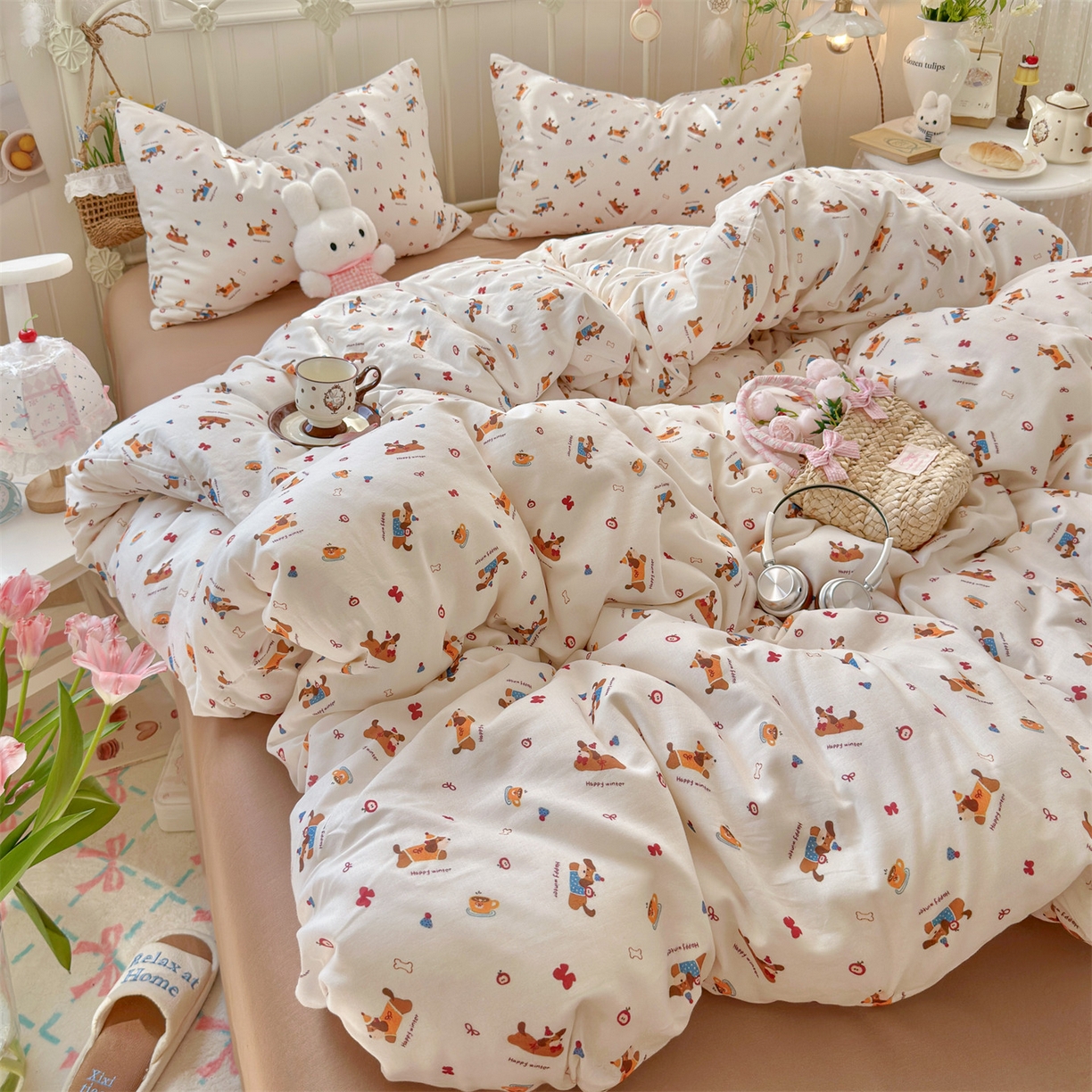 91家纺网 家纺一手货源 找家纺 名兮家居 2026春夏新款全棉纯棉A类双层纱四件套 双层纱-小狗日记