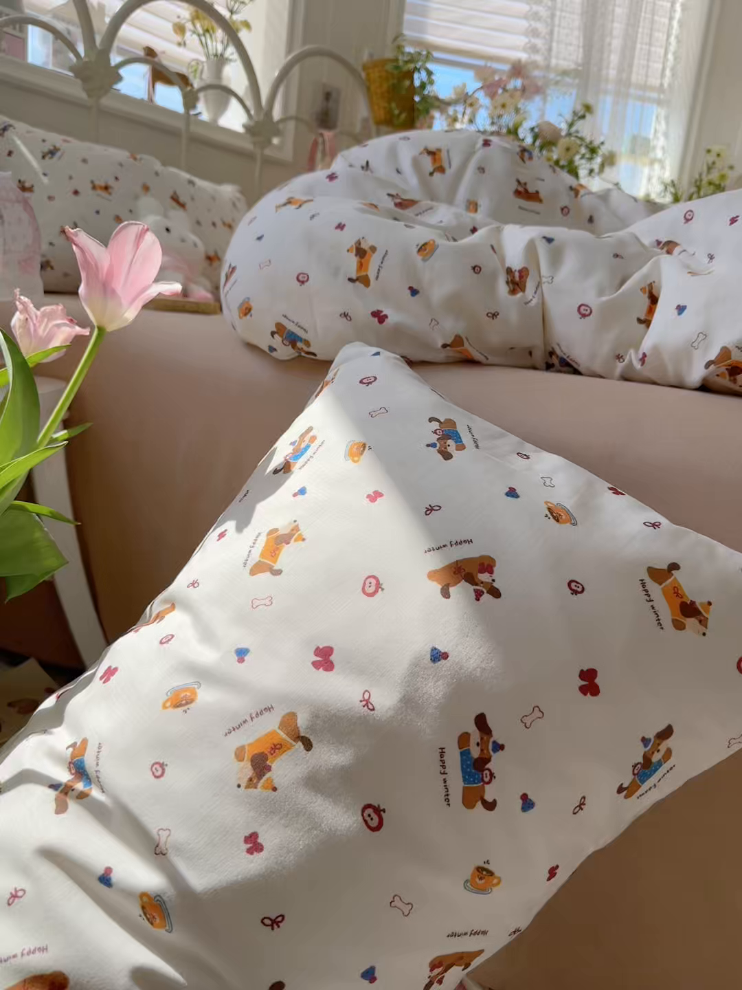 91家纺网 家纺一手货源 找家纺 名兮家居 2026春夏新款全棉纯棉A类双层纱四件套 双层纱-小狗日记