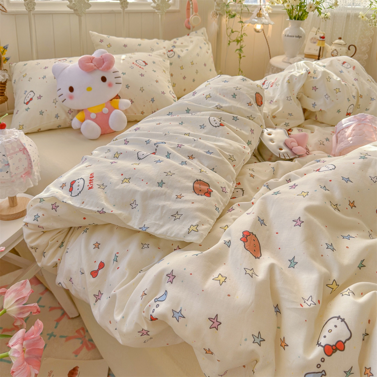 91家纺网 家纺一手货源 找家纺 名兮家居 2026春夏新款全棉纯棉A类双层纱四件套 双层纱-星星凯特