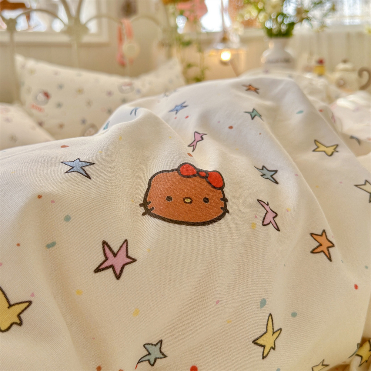 91家纺网 家纺一手货源 找家纺 名兮家居 2026春夏新款全棉纯棉A类双层纱四件套 双层纱-星星凯特