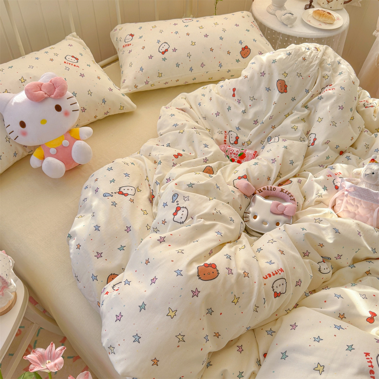 91家纺网 家纺一手货源 找家纺 名兮家居 2026春夏新款全棉纯棉A类双层纱四件套 双层纱-星星凯特