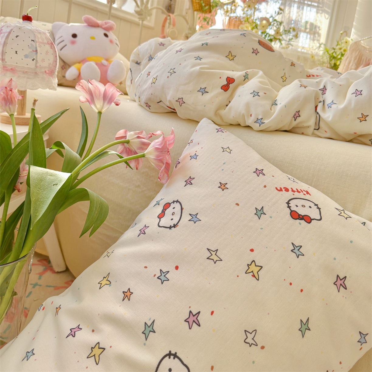 91家纺网 家纺一手货源 找家纺 名兮家居 2026春夏新款全棉纯棉A类双层纱四件套 双层纱-星星凯特