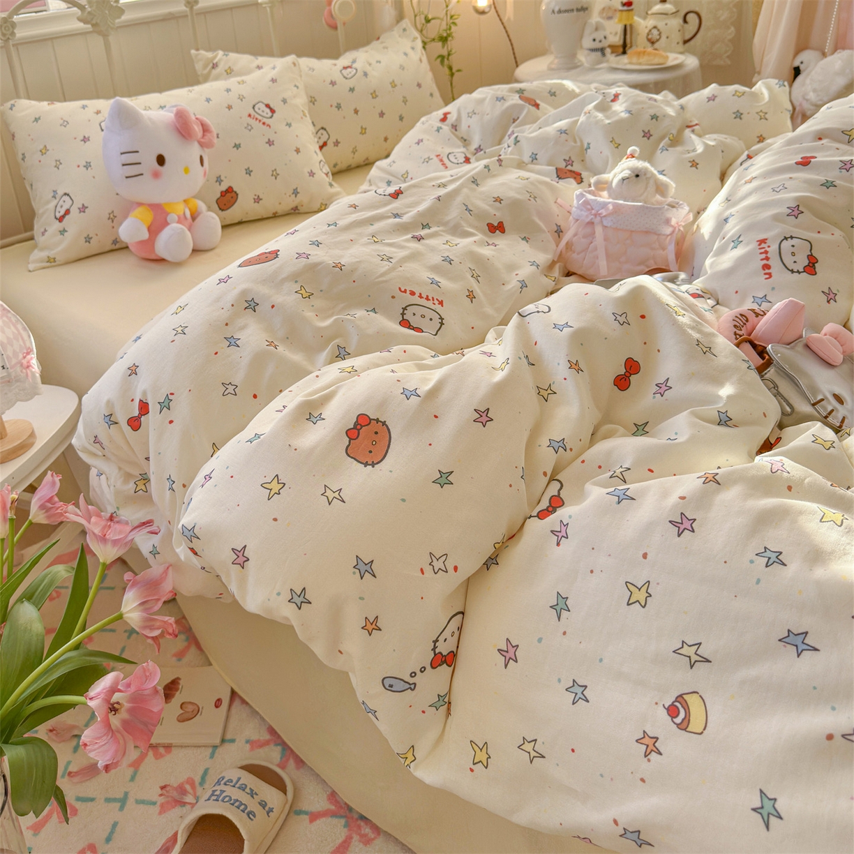 91家纺网 家纺一手货源 找家纺 名兮家居 2026春夏新款全棉纯棉A类双层纱四件套 双层纱-星星凯特