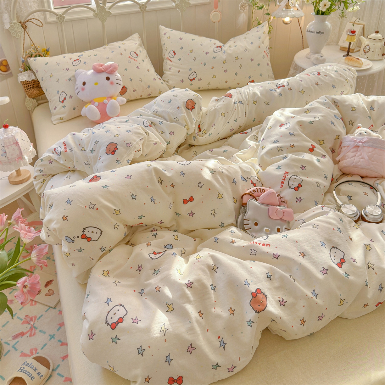 91家纺网 家纺一手货源 找家纺 名兮家居 2026春夏新款全棉纯棉A类双层纱四件套 双层纱-星星凯特