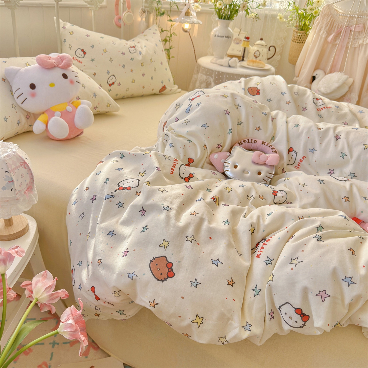 91家纺网 家纺一手货源 找家纺 名兮家居 2026春夏新款全棉纯棉A类双层纱四件套 双层纱-星星凯特