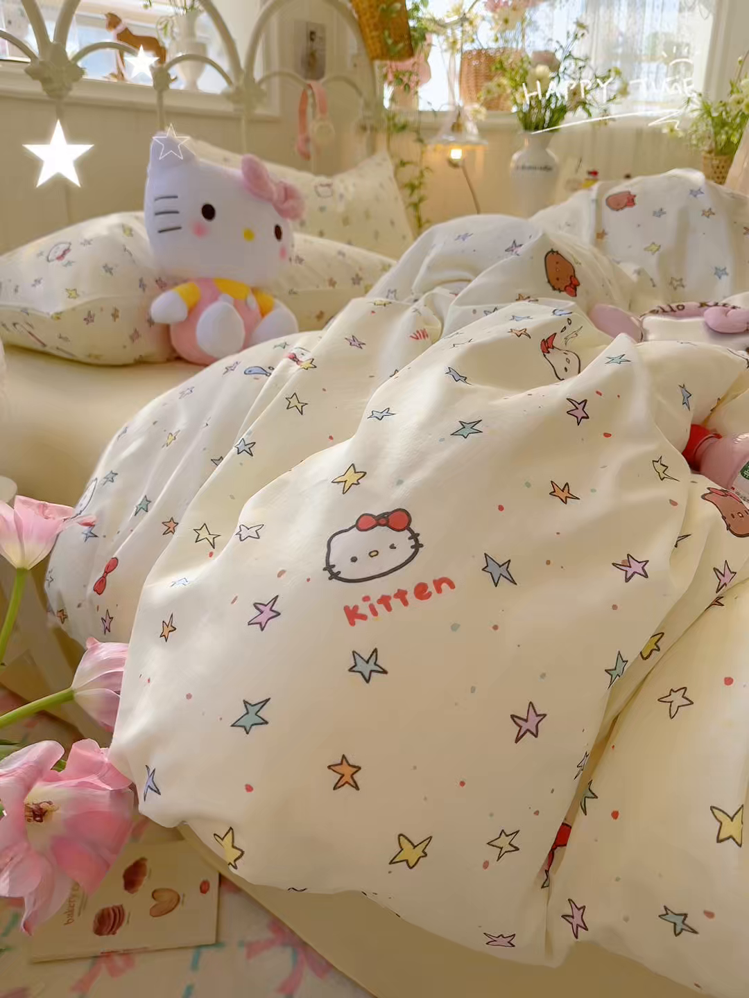 91家纺网 家纺一手货源 找家纺 名兮家居 2026春夏新款全棉纯棉A类双层纱四件套 双层纱-星星凯特