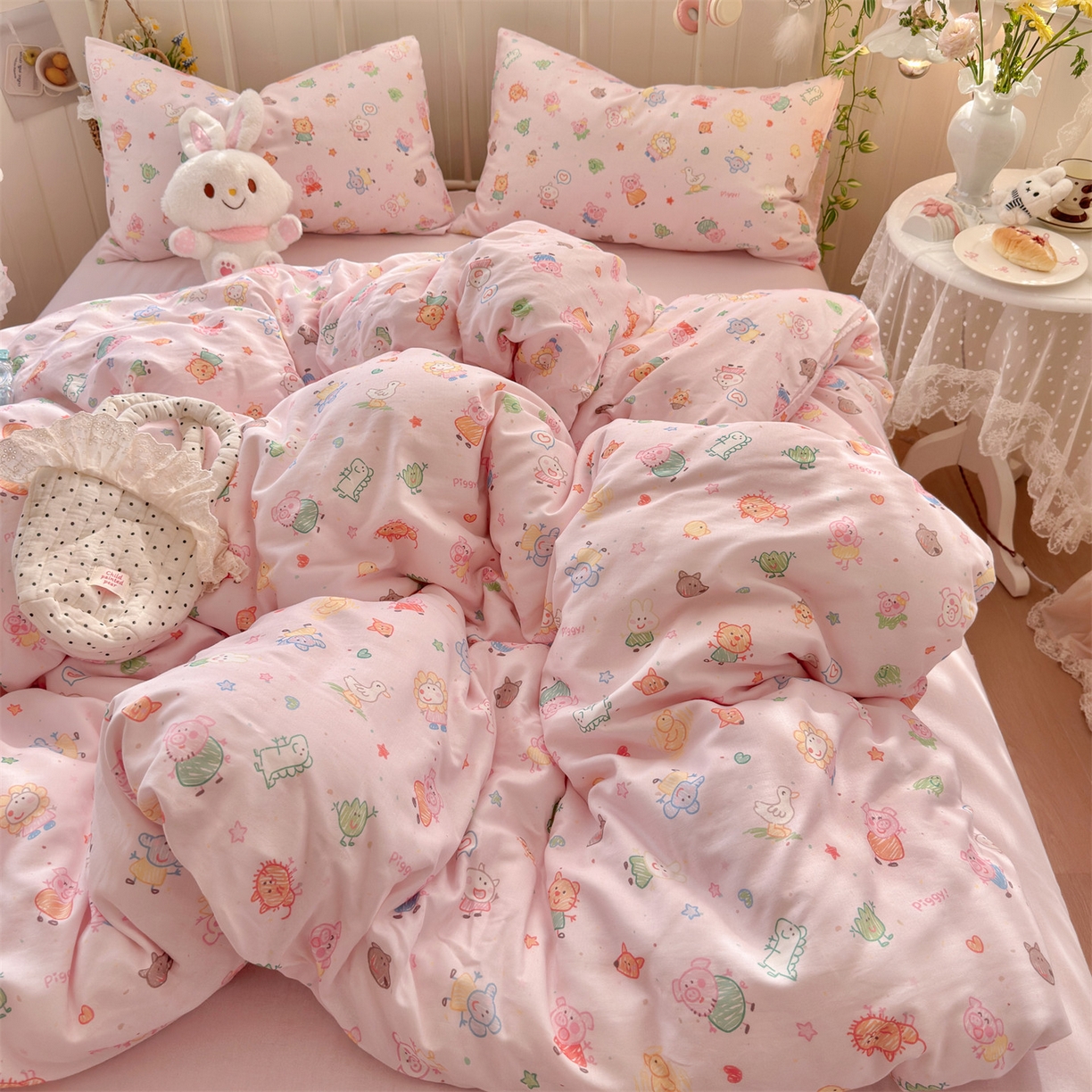 名兮家居 2026春夏新款全棉纯棉A类双层纱四件套 双层纱-猪猪乐园