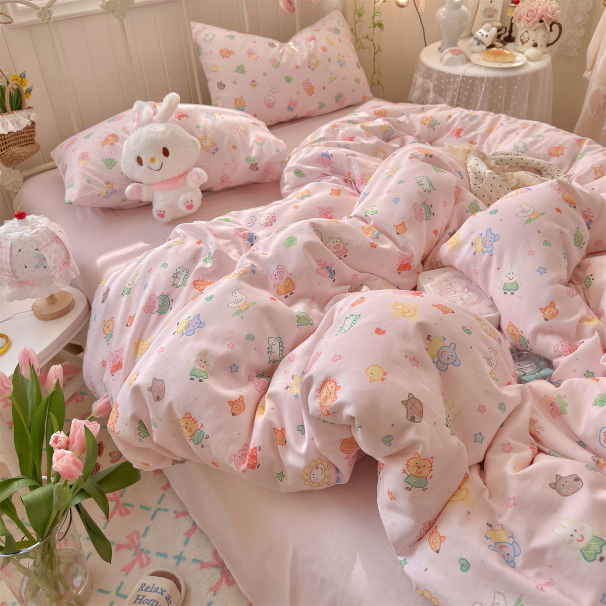 91家纺网 家纺一手货源 找家纺 名兮家居 2026春夏新款全棉纯棉A类双层纱四件套 双层纱-猪猪乐园