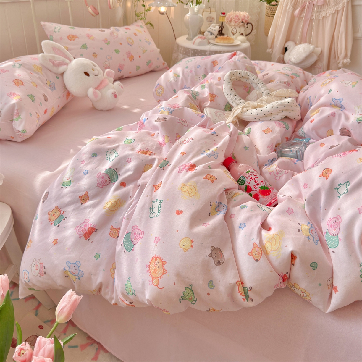 91家纺网 家纺一手货源 找家纺 名兮家居 2026春夏新款全棉纯棉A类双层纱四件套 双层纱-猪猪乐园