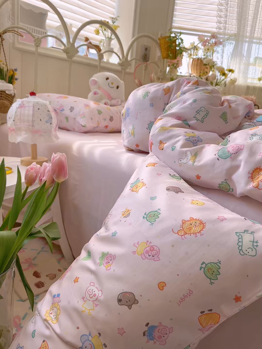 91家纺网 家纺一手货源 找家纺 名兮家居 2026春夏新款全棉纯棉A类双层纱四件套 双层纱-猪猪乐园