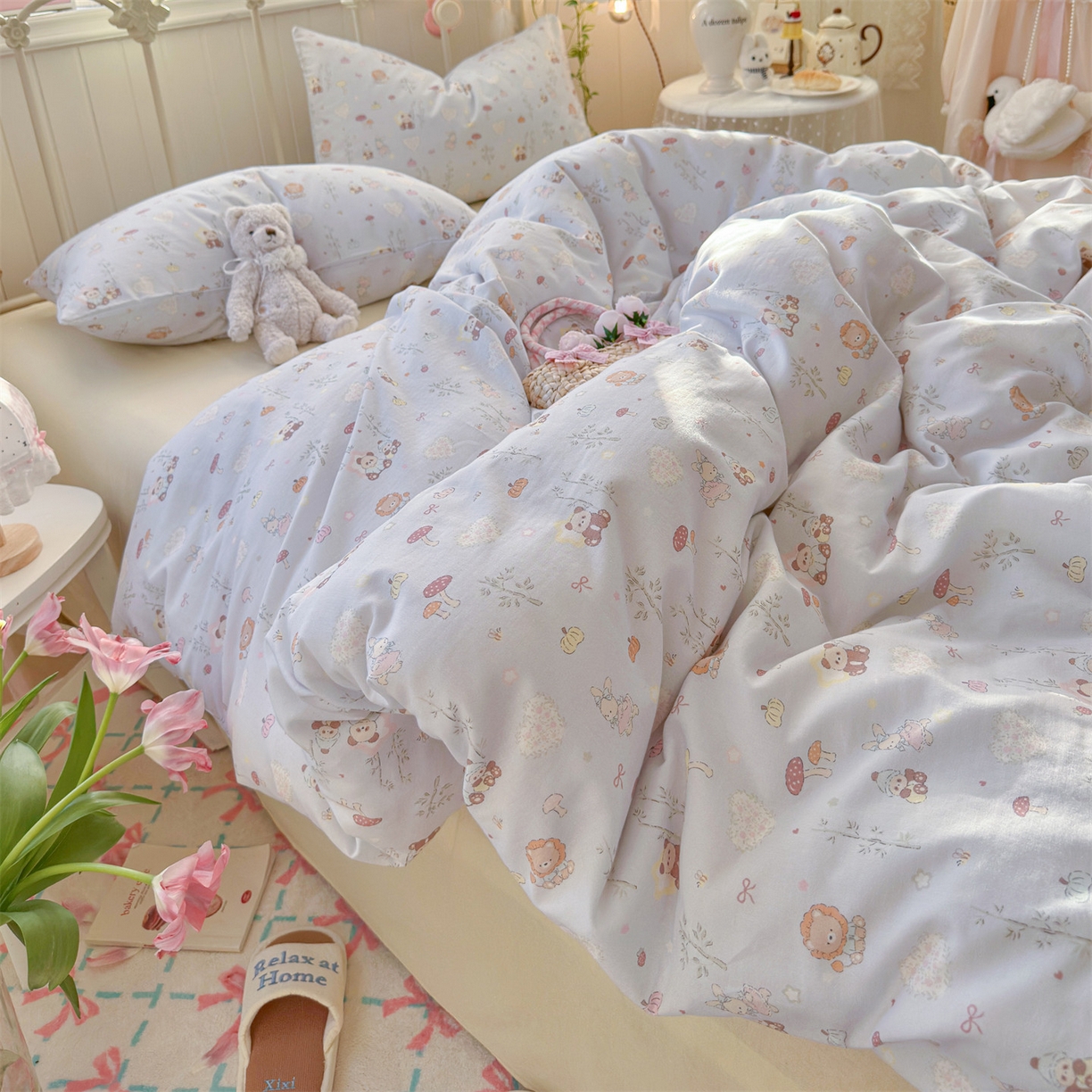 91家纺网 家纺一手货源 找家纺 名兮家居 2026春夏新款全棉纯棉A类双层纱四件套 双层纱-竹林派对