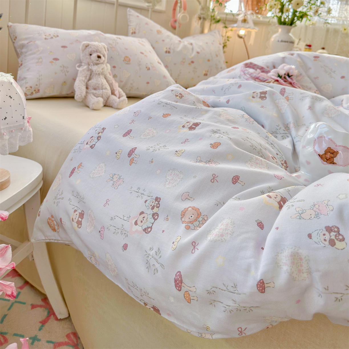 91家纺网 家纺一手货源 找家纺 名兮家居 2026春夏新款全棉纯棉A类双层纱四件套 双层纱-竹林派对