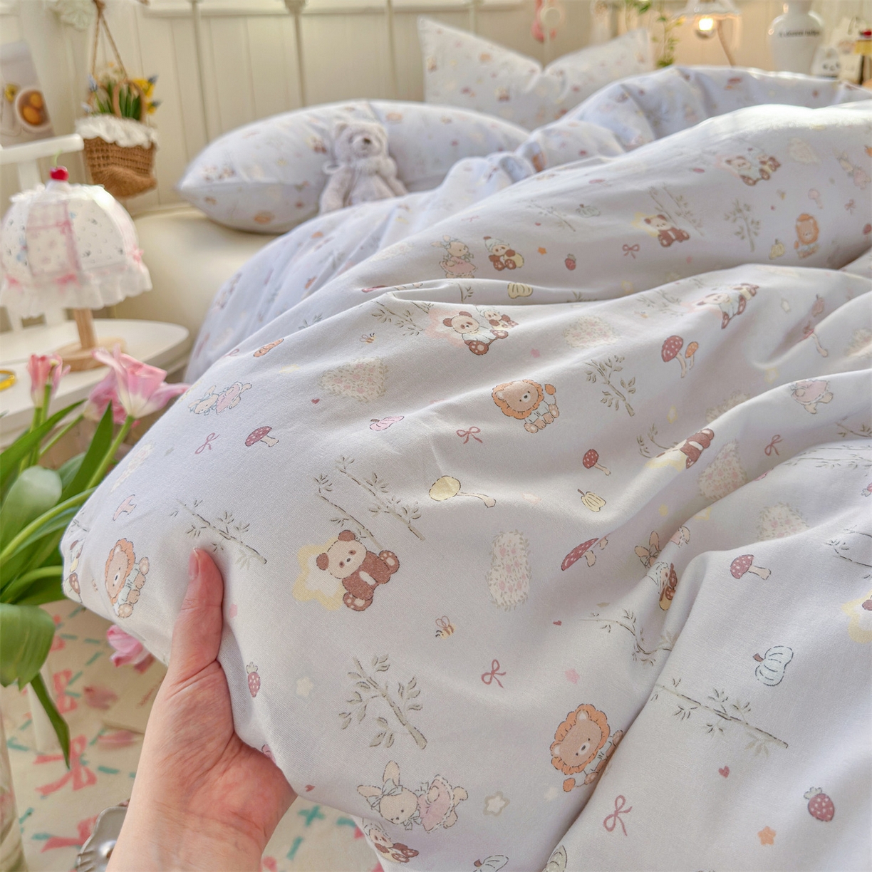 91家纺网 家纺一手货源 找家纺 名兮家居 2026春夏新款全棉纯棉A类双层纱四件套 双层纱-竹林派对