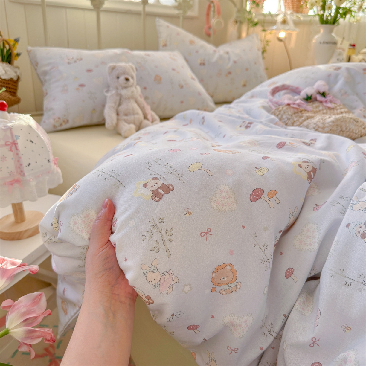 91家纺网 家纺一手货源 找家纺 名兮家居 2026春夏新款全棉纯棉A类双层纱四件套 双层纱-竹林派对