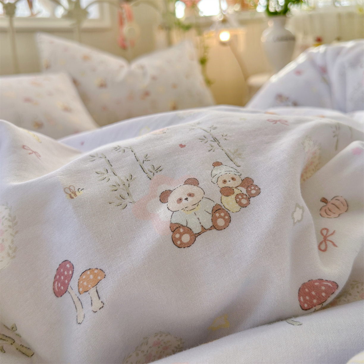 91家纺网 家纺一手货源 找家纺 名兮家居 2026春夏新款全棉纯棉A类双层纱四件套 双层纱-竹林派对