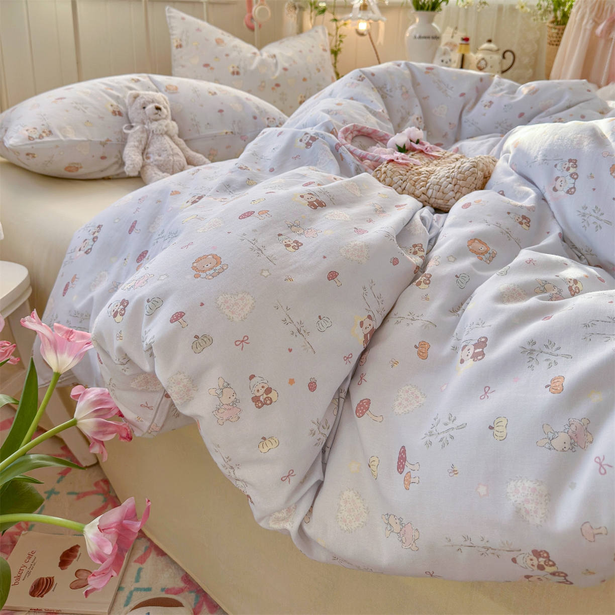 91家纺网 家纺一手货源 找家纺 名兮家居 2026春夏新款全棉纯棉A类双层纱四件套 双层纱-竹林派对