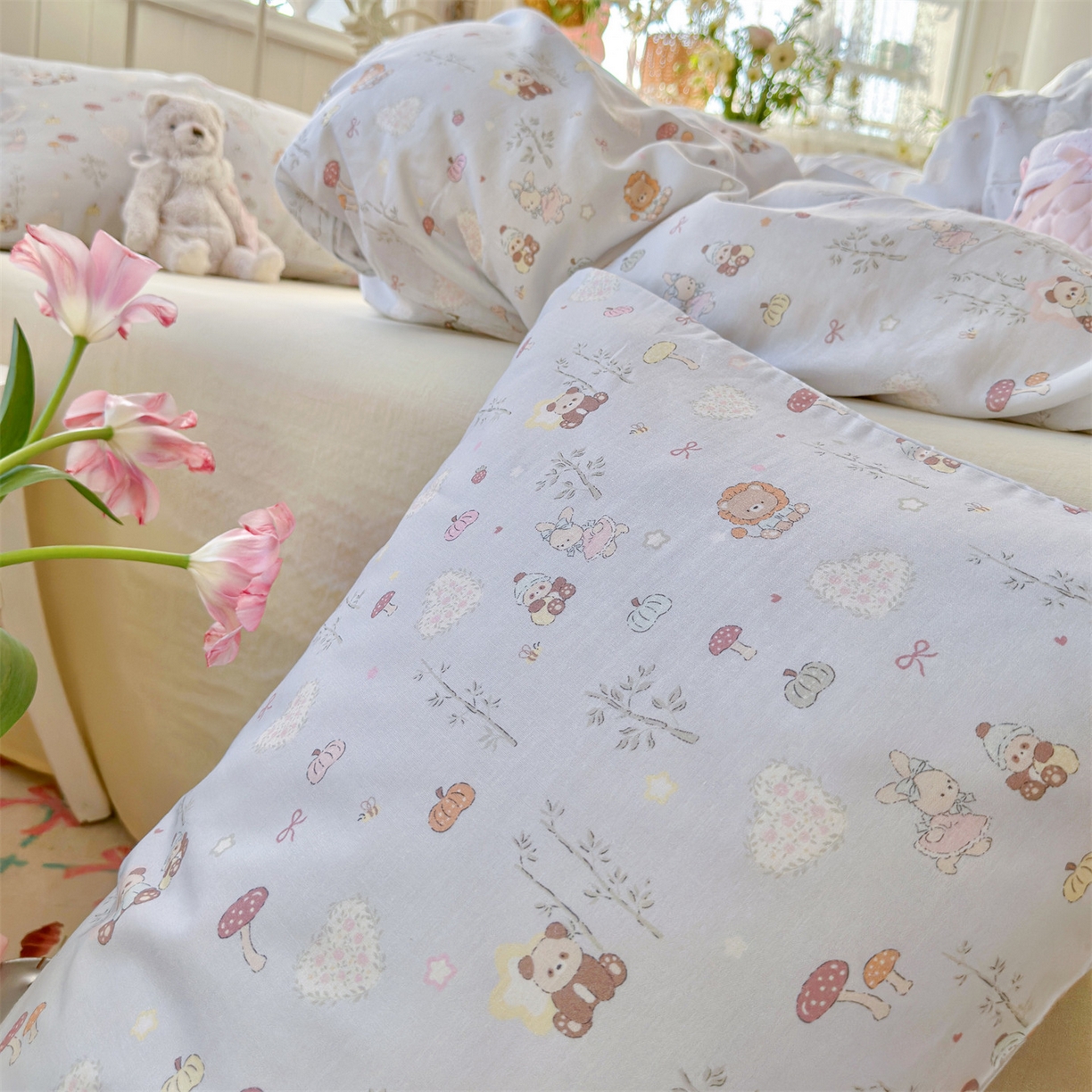 91家纺网 家纺一手货源 找家纺 名兮家居 2026春夏新款全棉纯棉A类双层纱四件套 双层纱-竹林派对