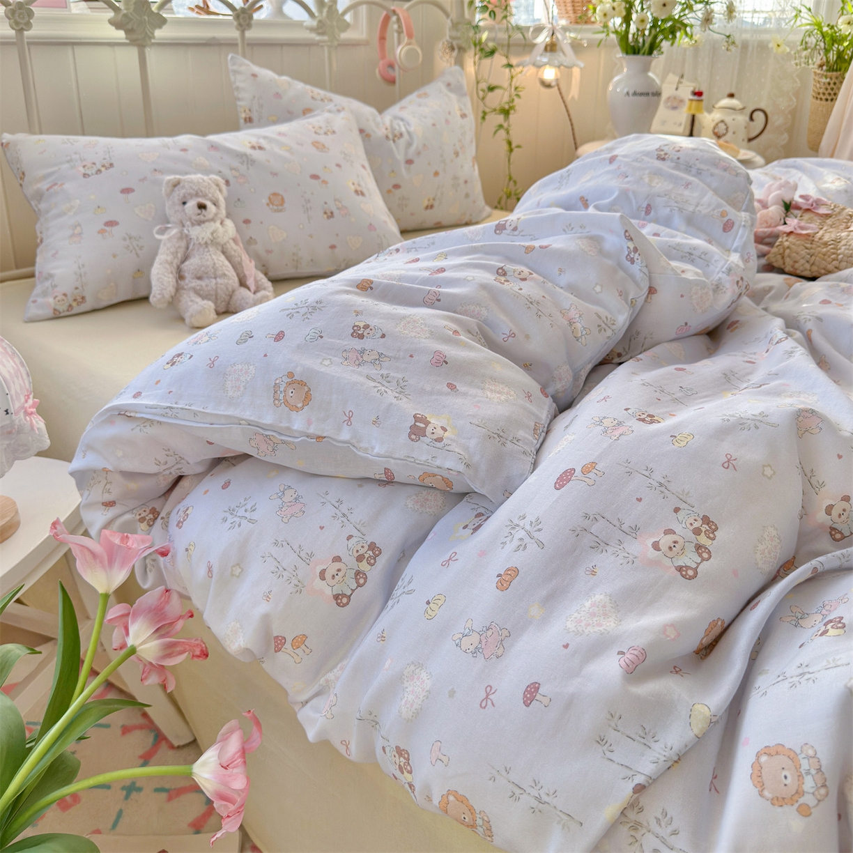 91家纺网 家纺一手货源 找家纺 名兮家居 2026春夏新款全棉纯棉A类双层纱四件套 双层纱-竹林派对